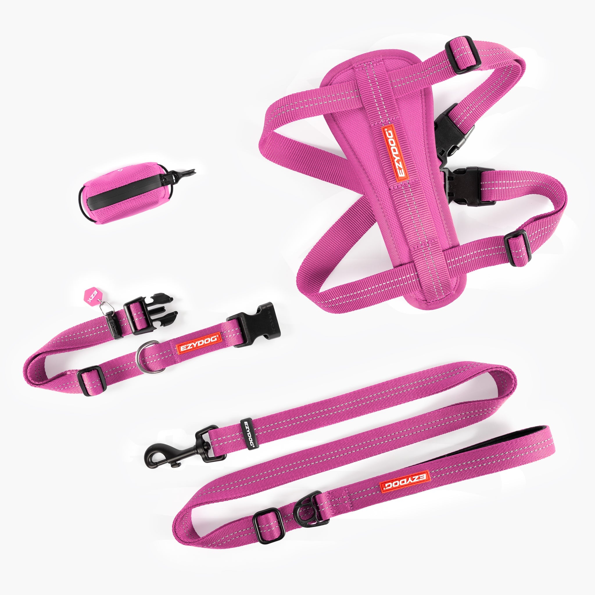 Essential EverydayBundle PINK: Pink dog harness and leash set with visible brand logo on a white background