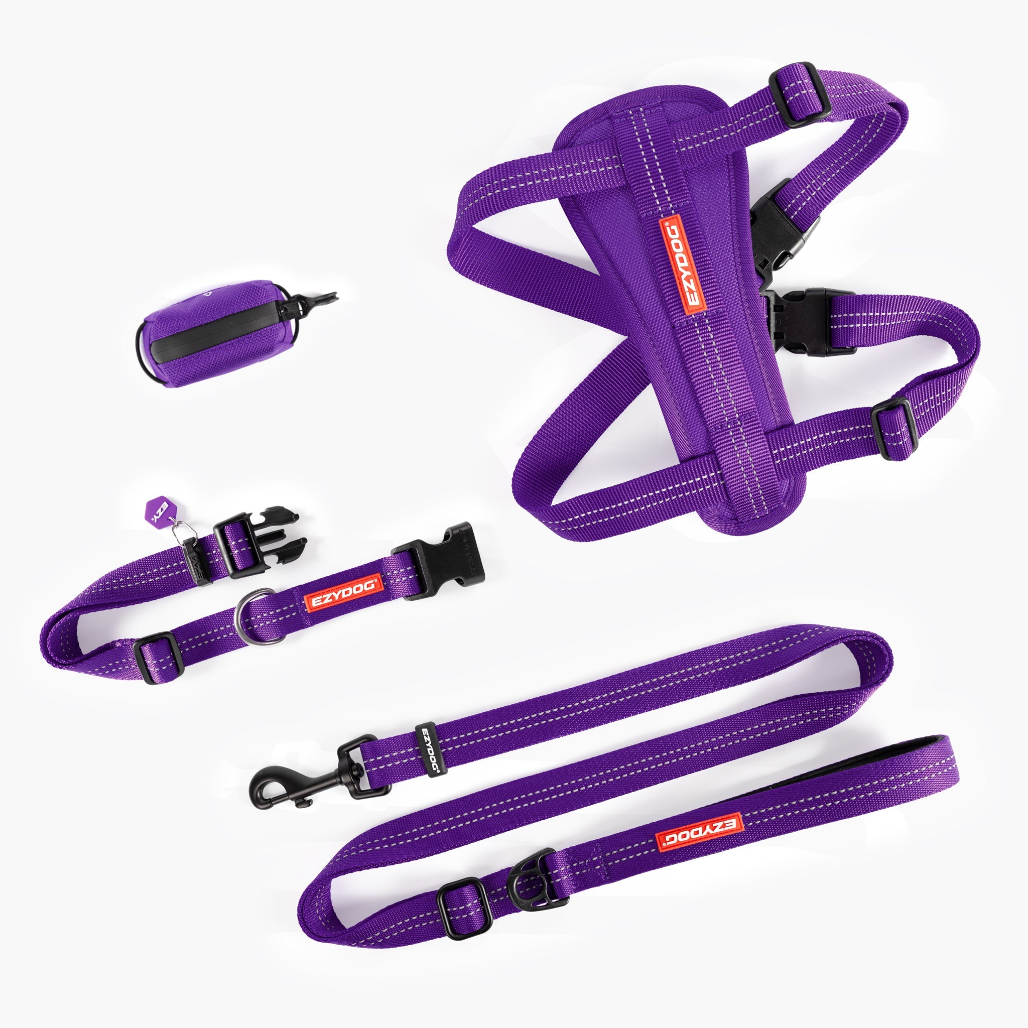 Essential Everyday Bundle PURPLE: Purple dog harness and leash set with visible brand logo on a white background