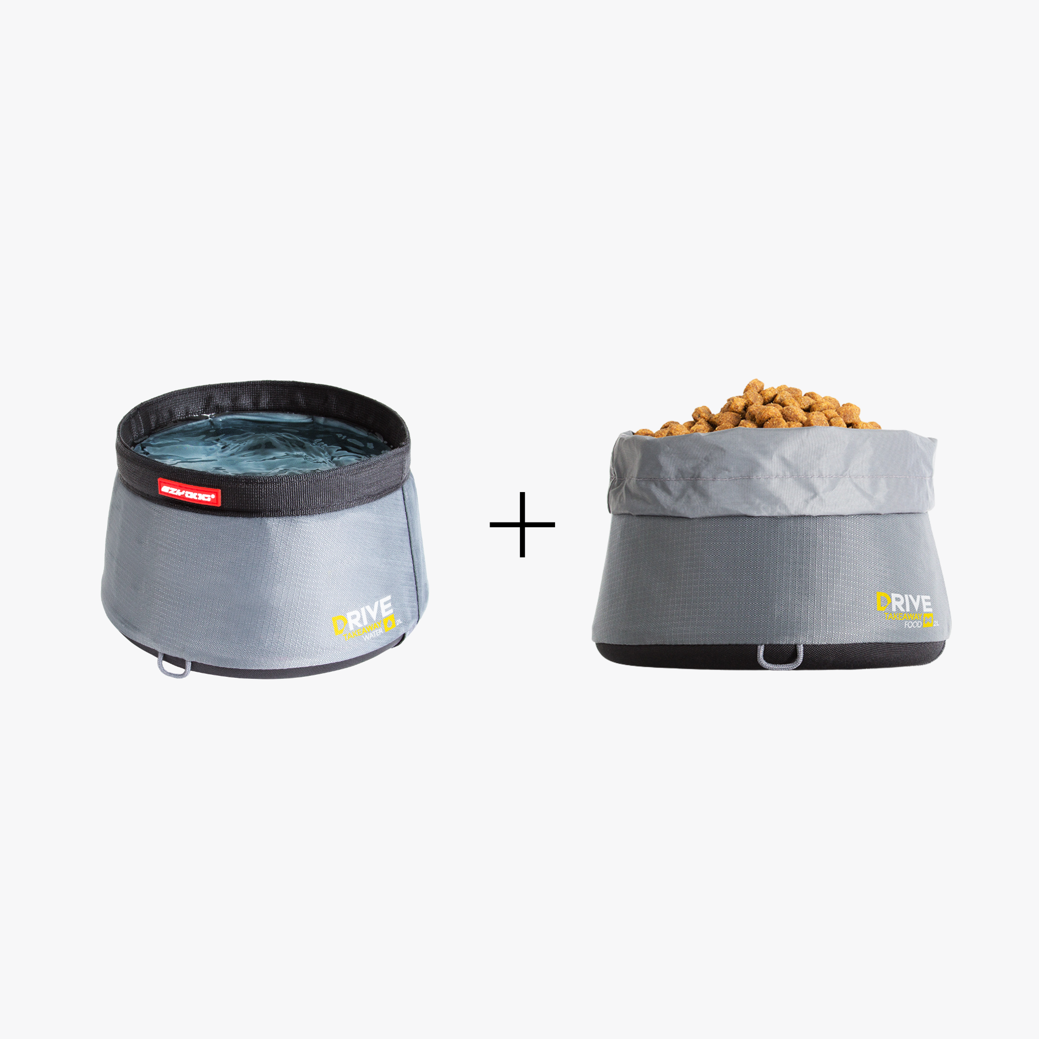 Two collapsible travel feeding bowls, one filled with water and the other with dog food, both are grey in color with a black drawstring closure at the bottom.