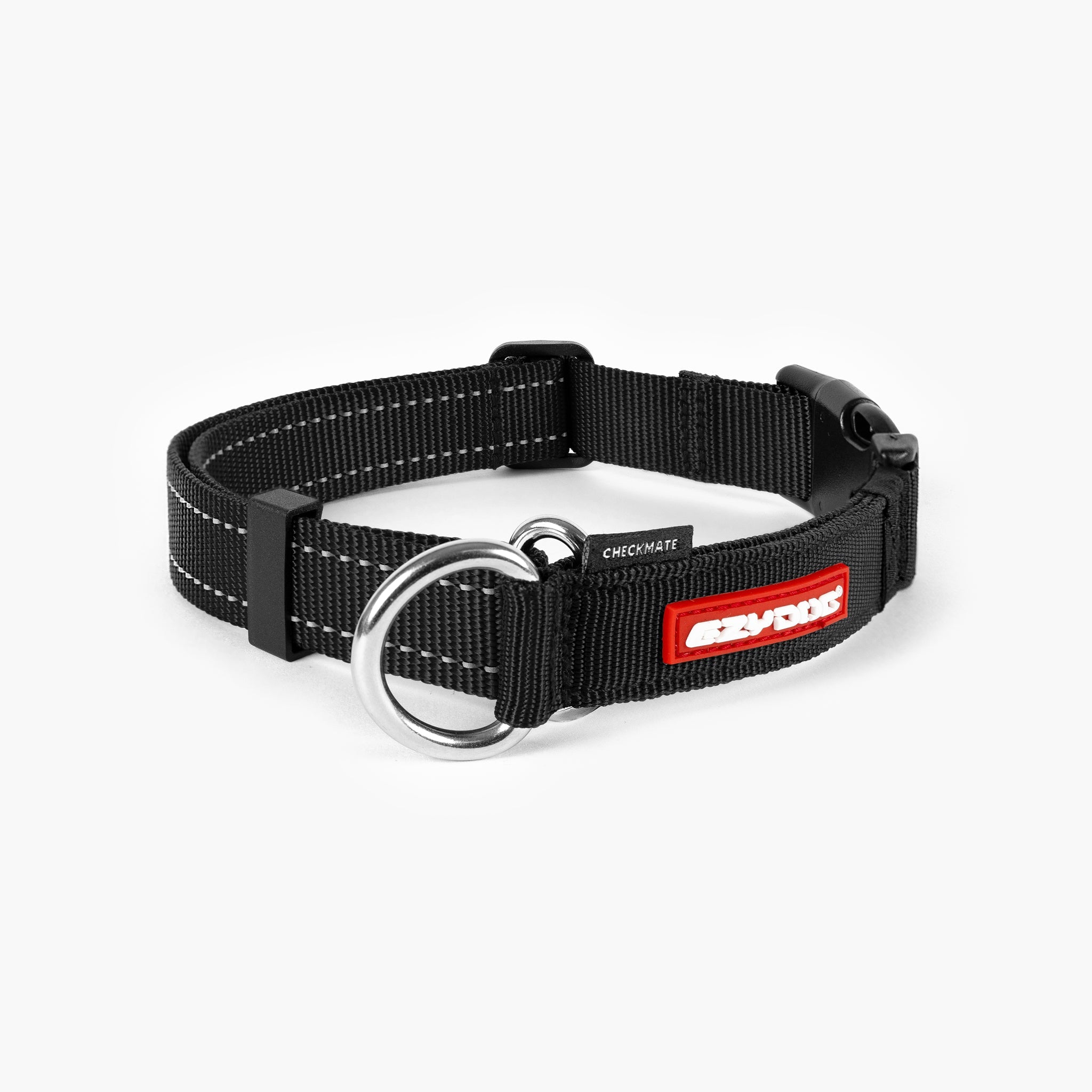 A black Checkmate Martingale-style dog collar with camouflage pattern, adjustable buckle, and a red EzyDog logo.