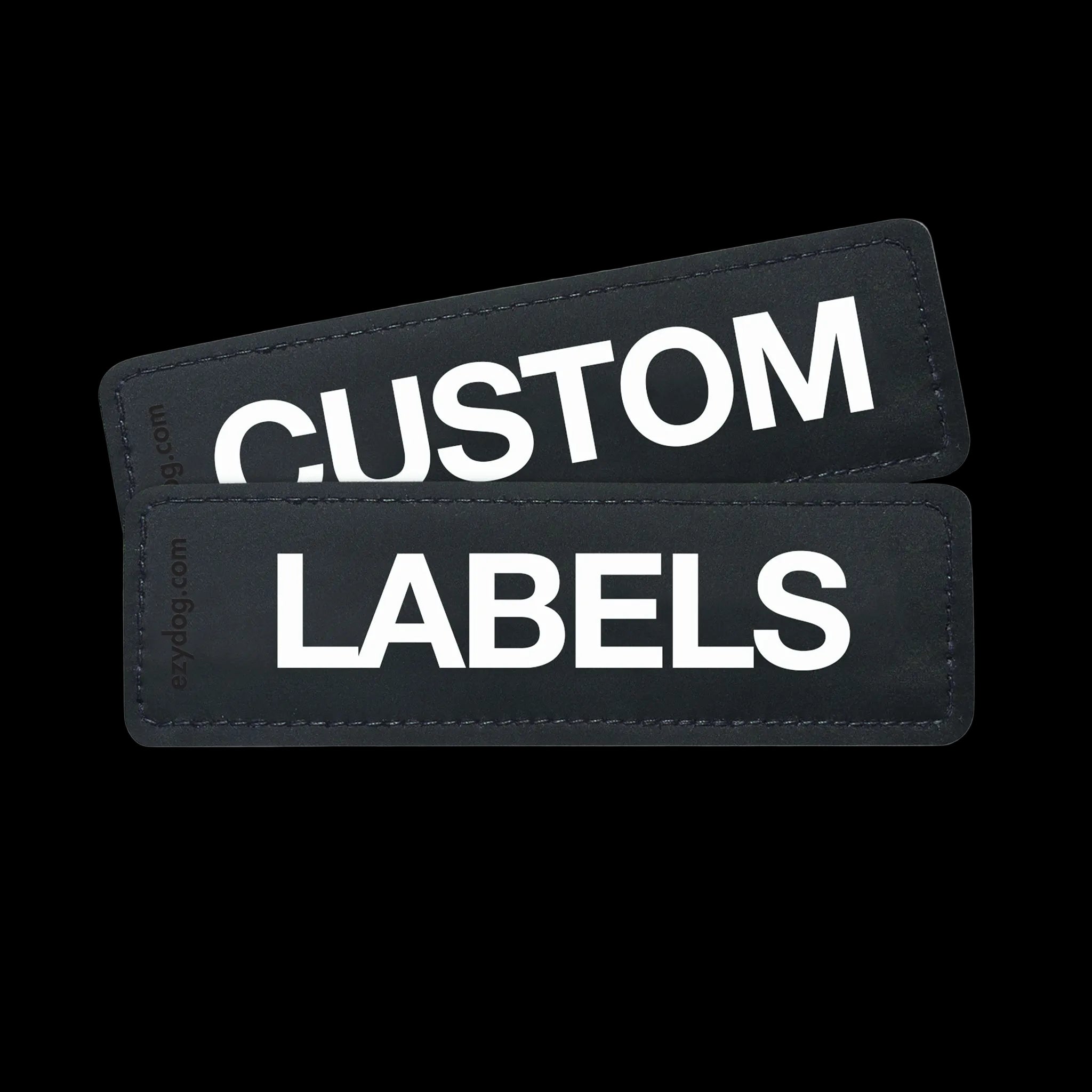 Two black custom labels with the words 'CUSTOM LABELS' printed in white text.