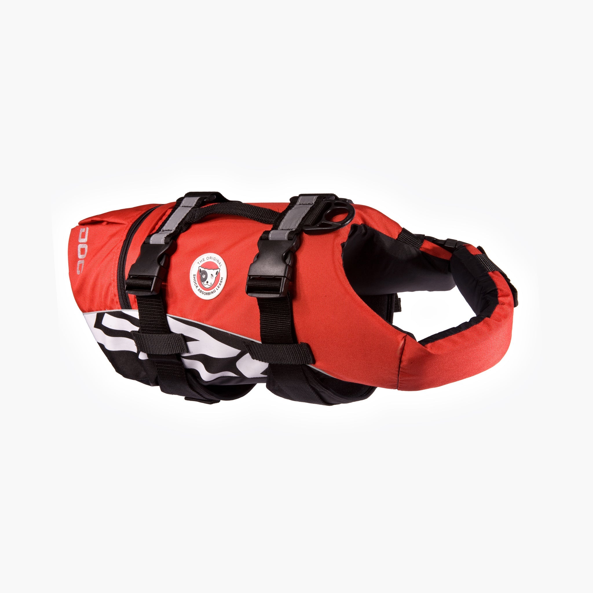 A red and black dog flotation device with padding and straps, featuring a grab handle and a durable nylon D-ring.