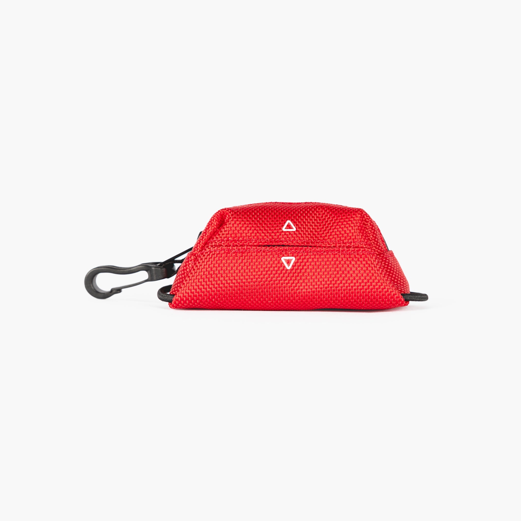 Red Essential Poop Bag Holder with a carabiner on a white background