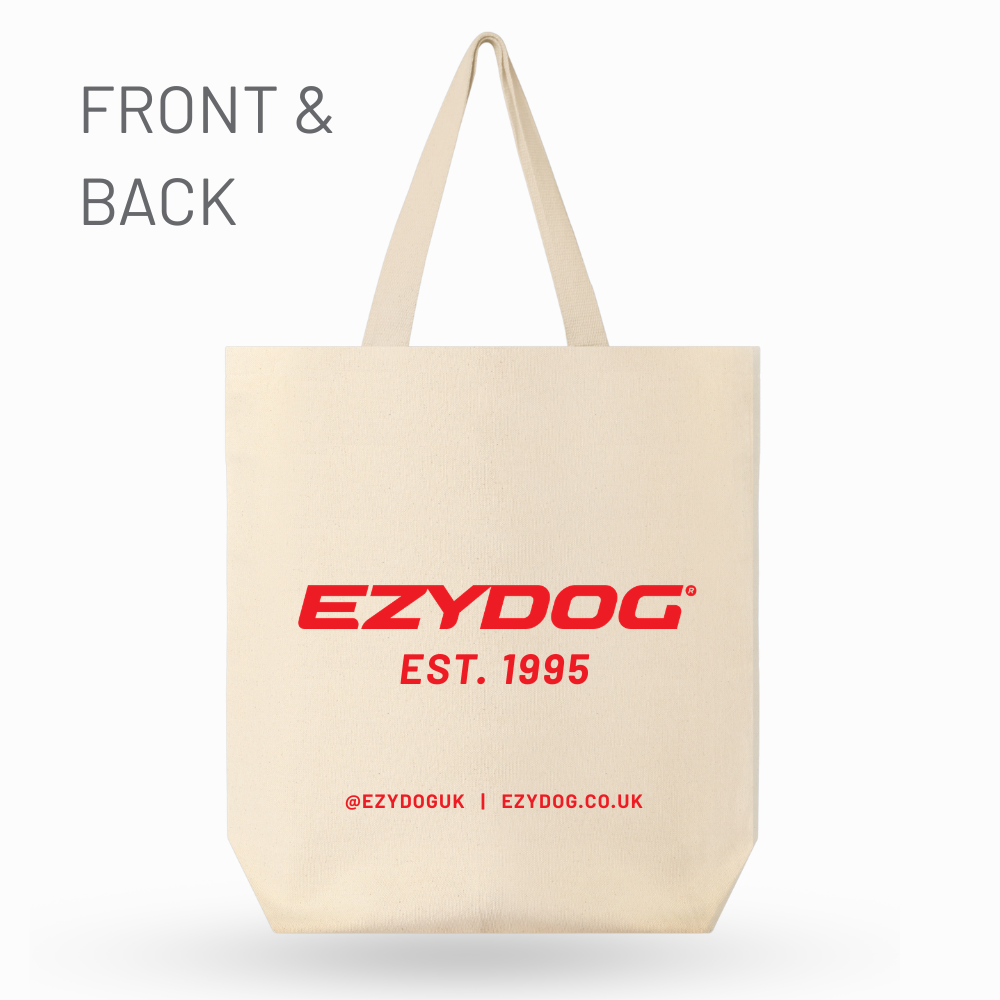 Beige tote bag with red EzyDog logo and text on a white background