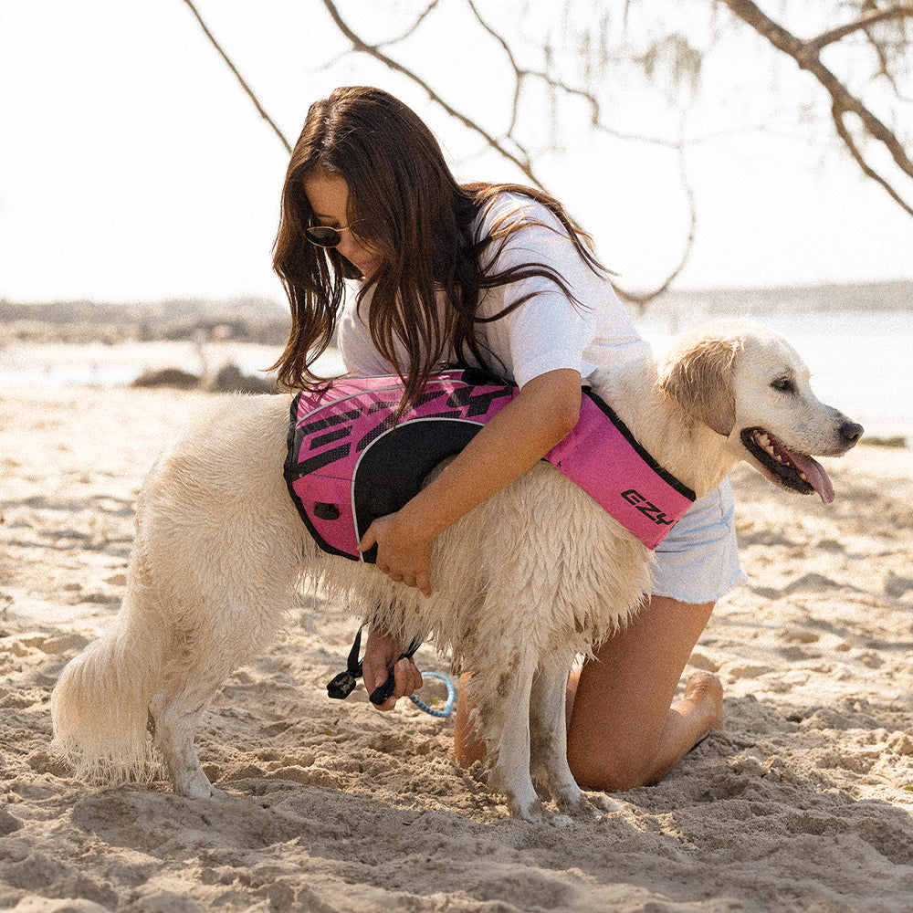 Woman fitting a pink EzyDog dog life jacket on a Golden Retriever at the beach