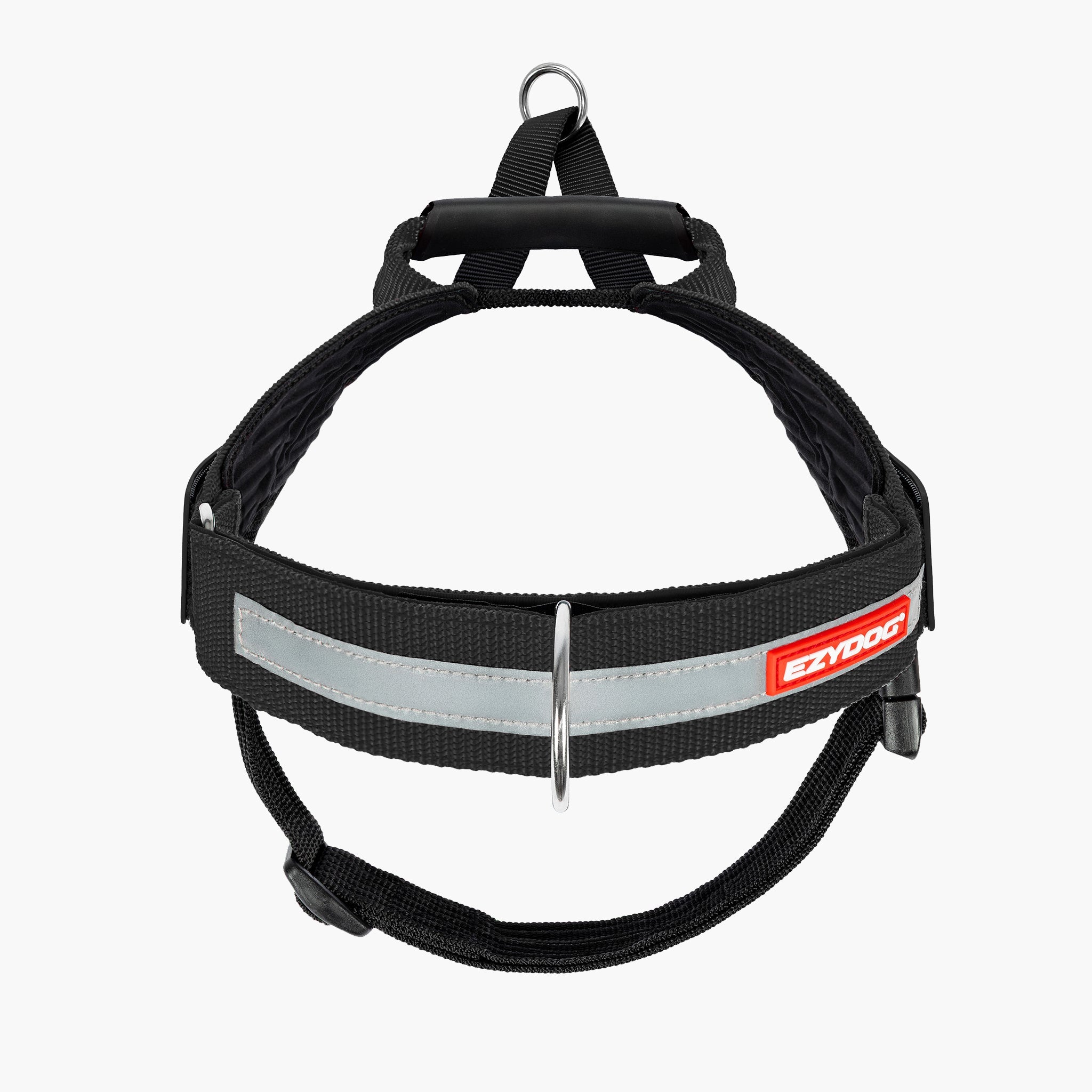 Black dog harness with reflective strip and EzyDog logo on a white background