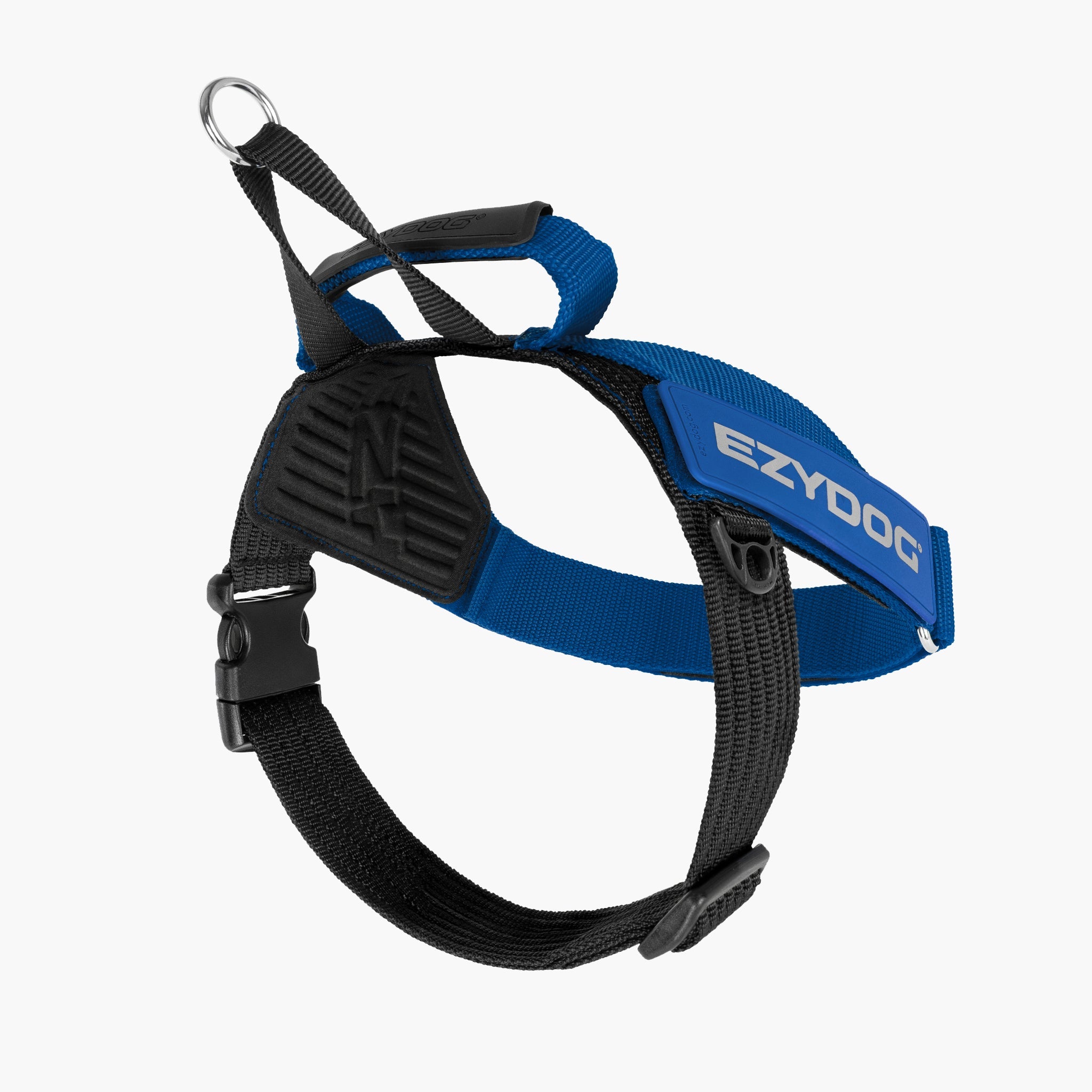 Blue and black dog harness with EzyDog branding on a white background
