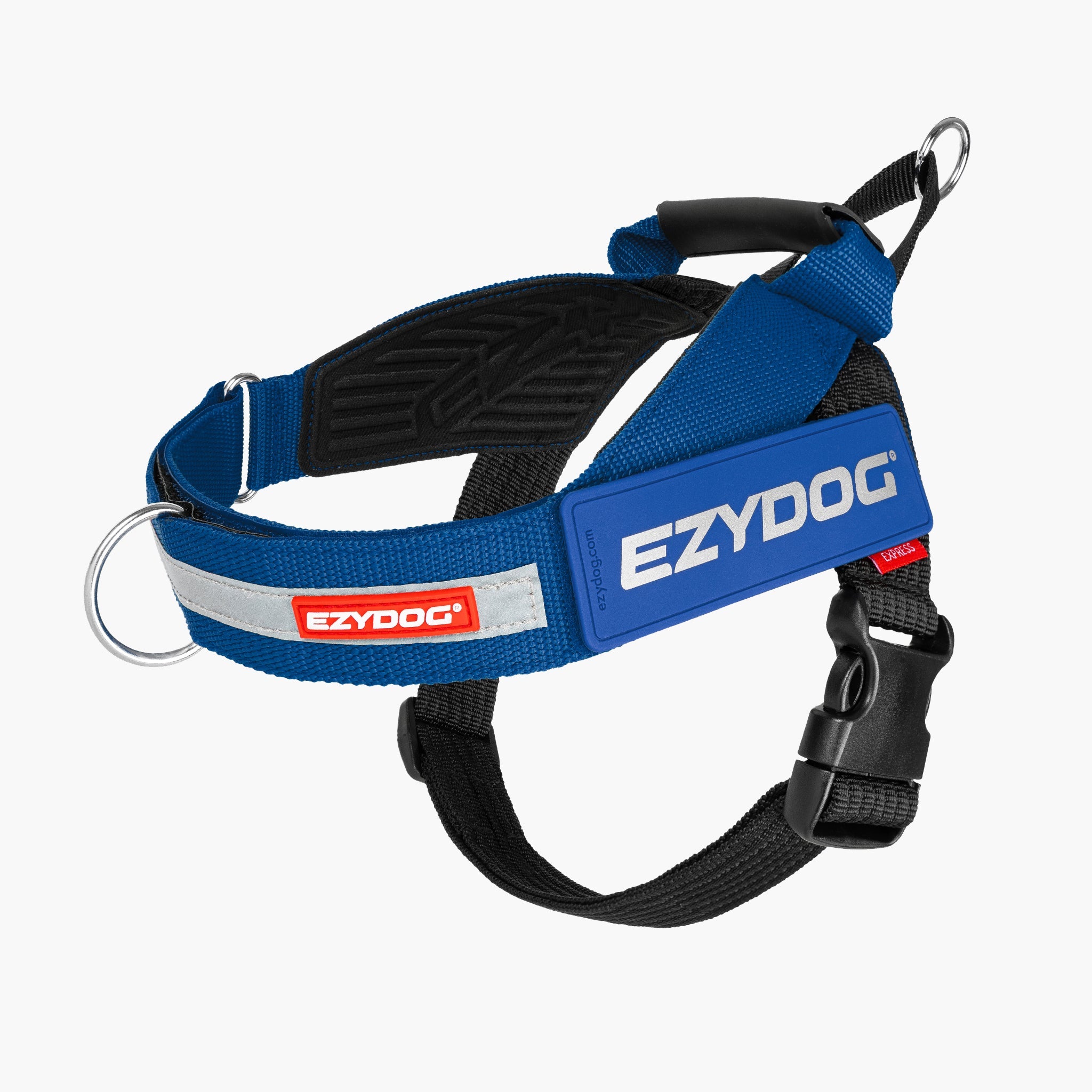 Blue dog harness with EzyDog branding on a white background