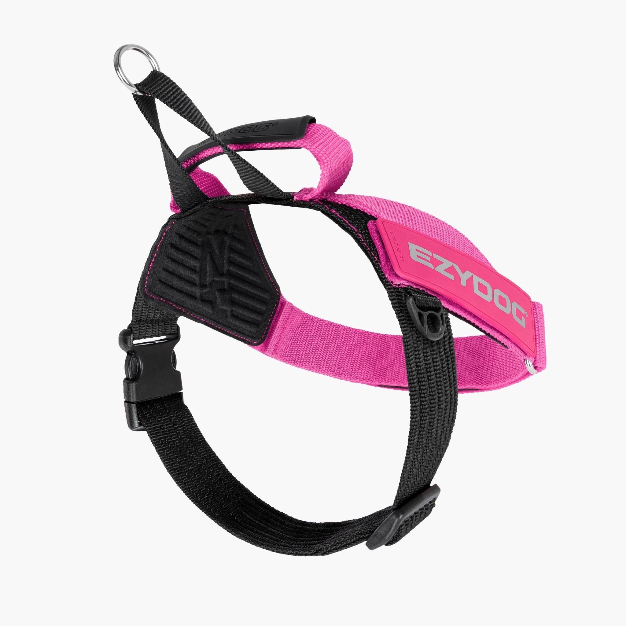 Pink and black dog harness with 'EzyDog' branding on a white background