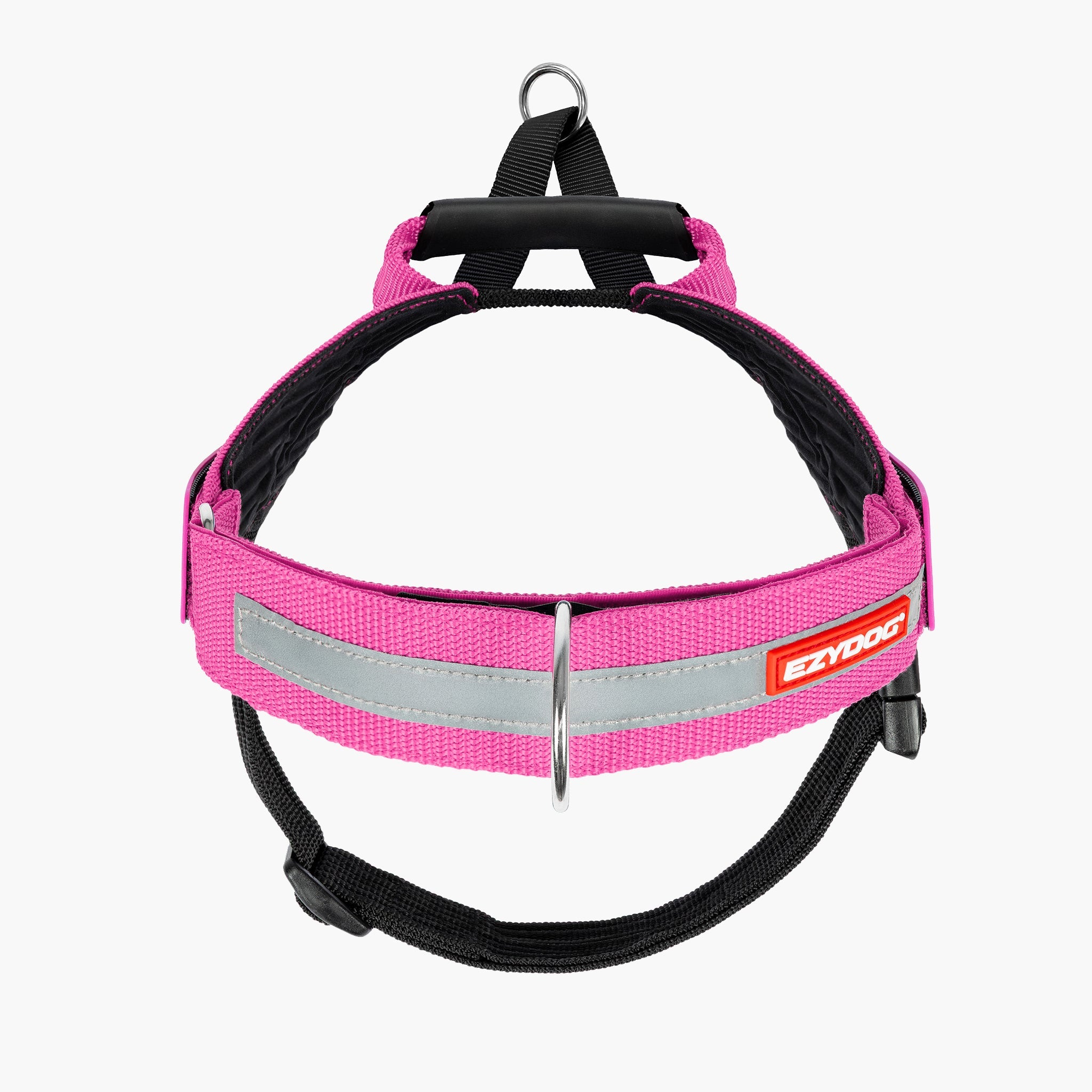 Pink dog harness with reflective strip and brand logo on a white background