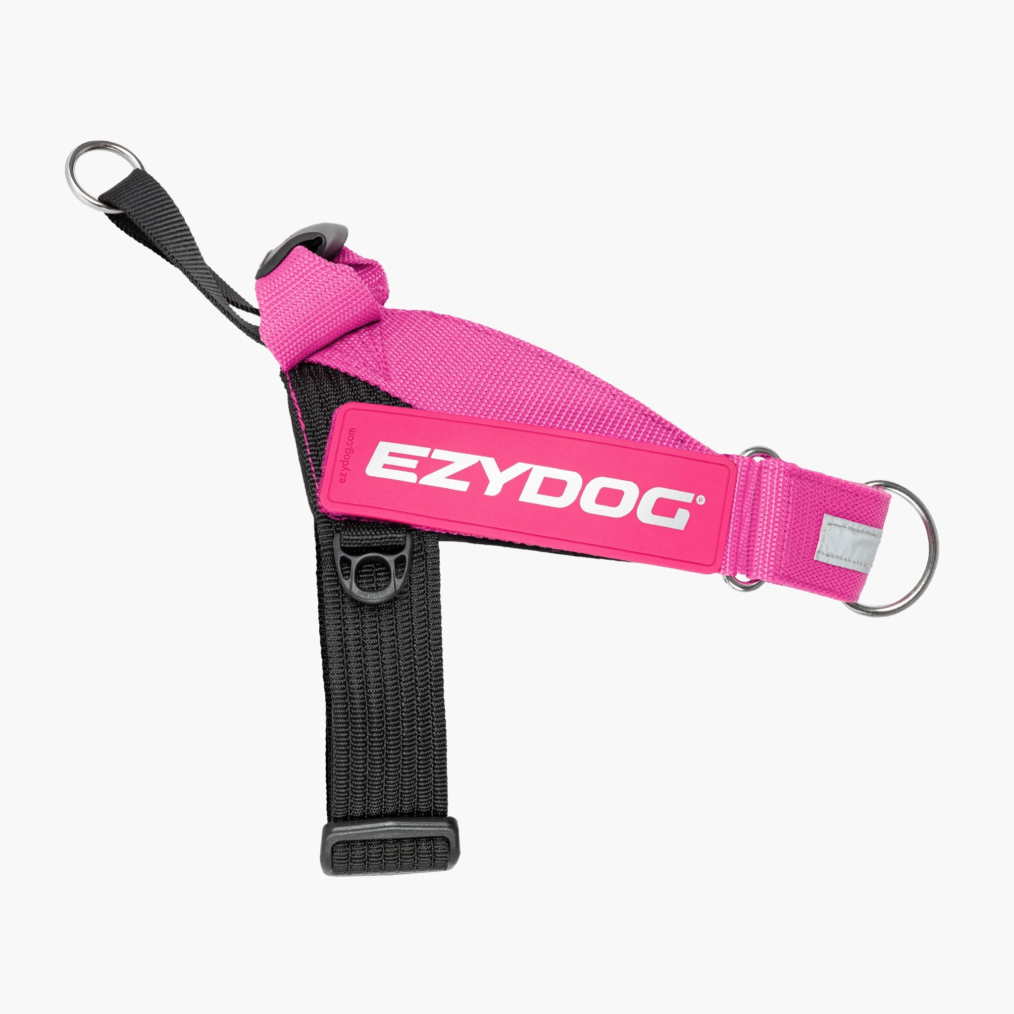 Pink and black EzyDog dog harness on a white background