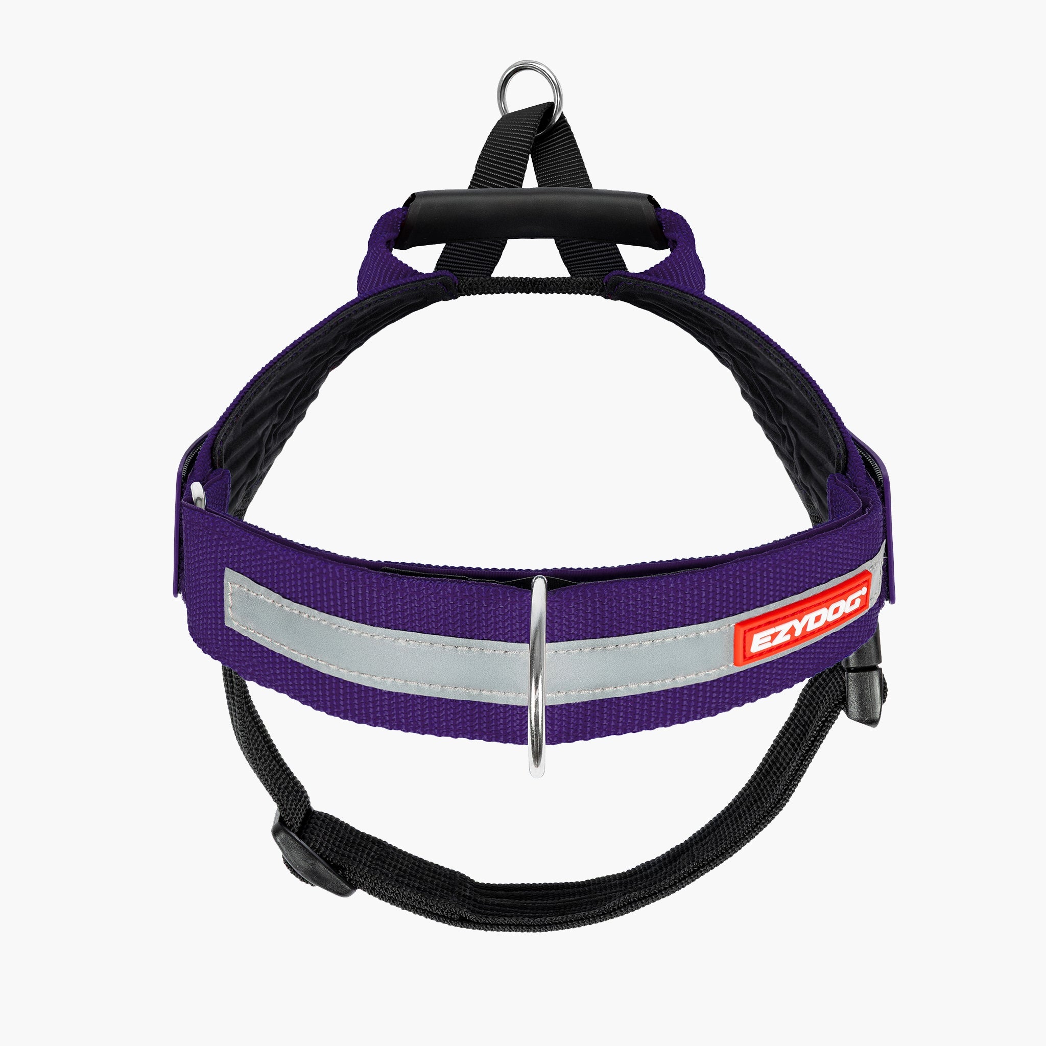 Purple dog harness with reflective strip and EzyDog logo on a white background
