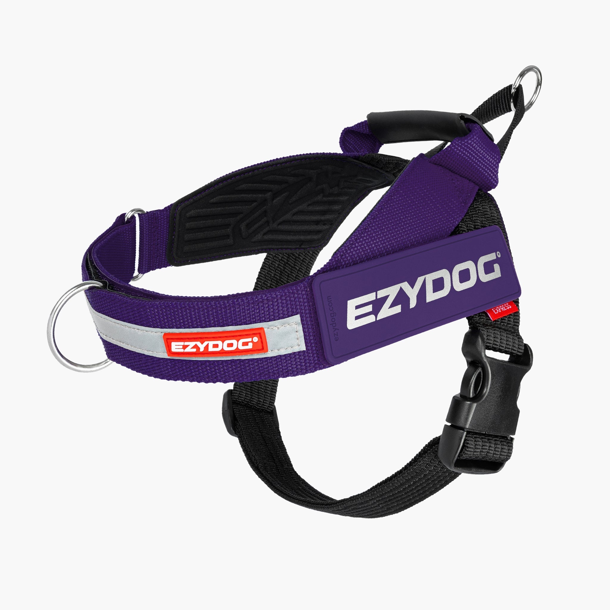 Purple dog harness with EzyDog branding on a white background