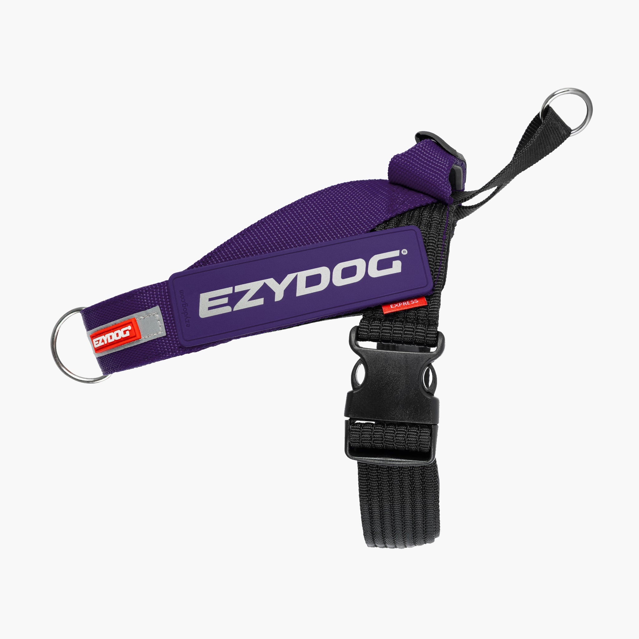 Purple dog leash with black handle and EzyDog branding on a white background