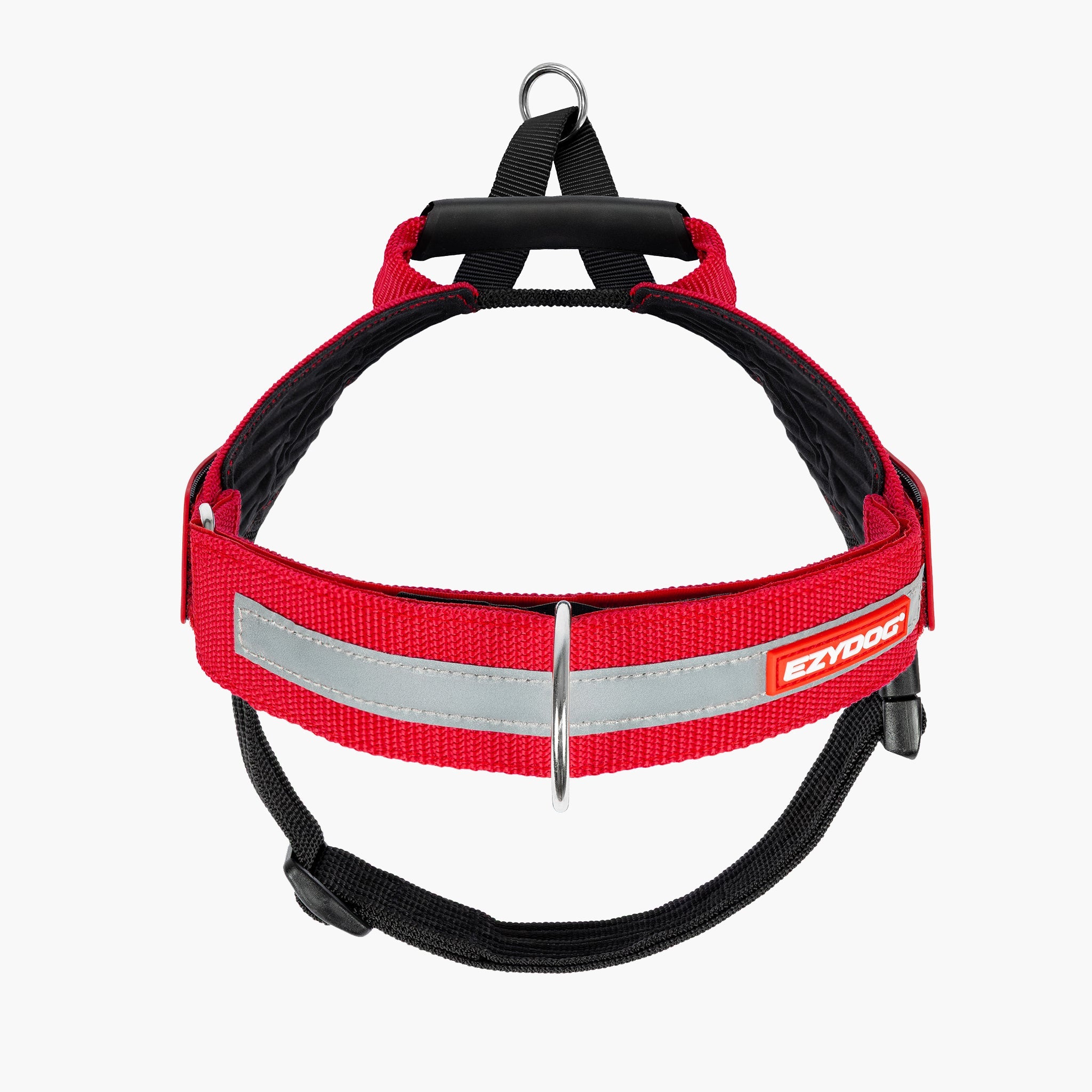 Red dog harness with reflective strip and EzyDog branding on a white background
