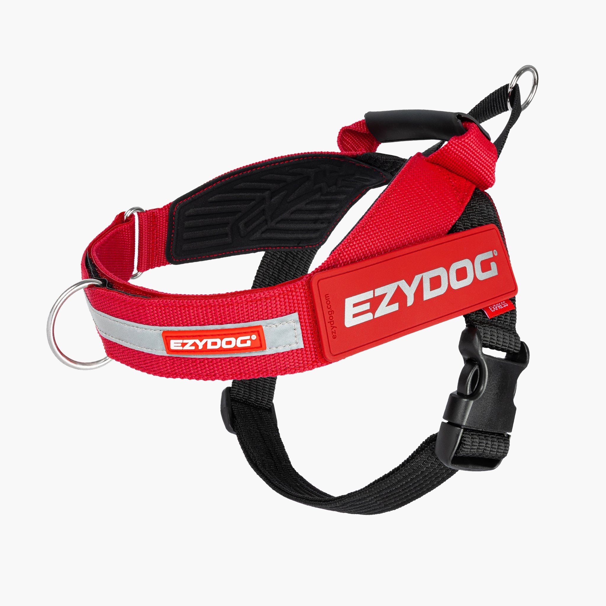 Red and black dog harness with EzyDog branding on a white background