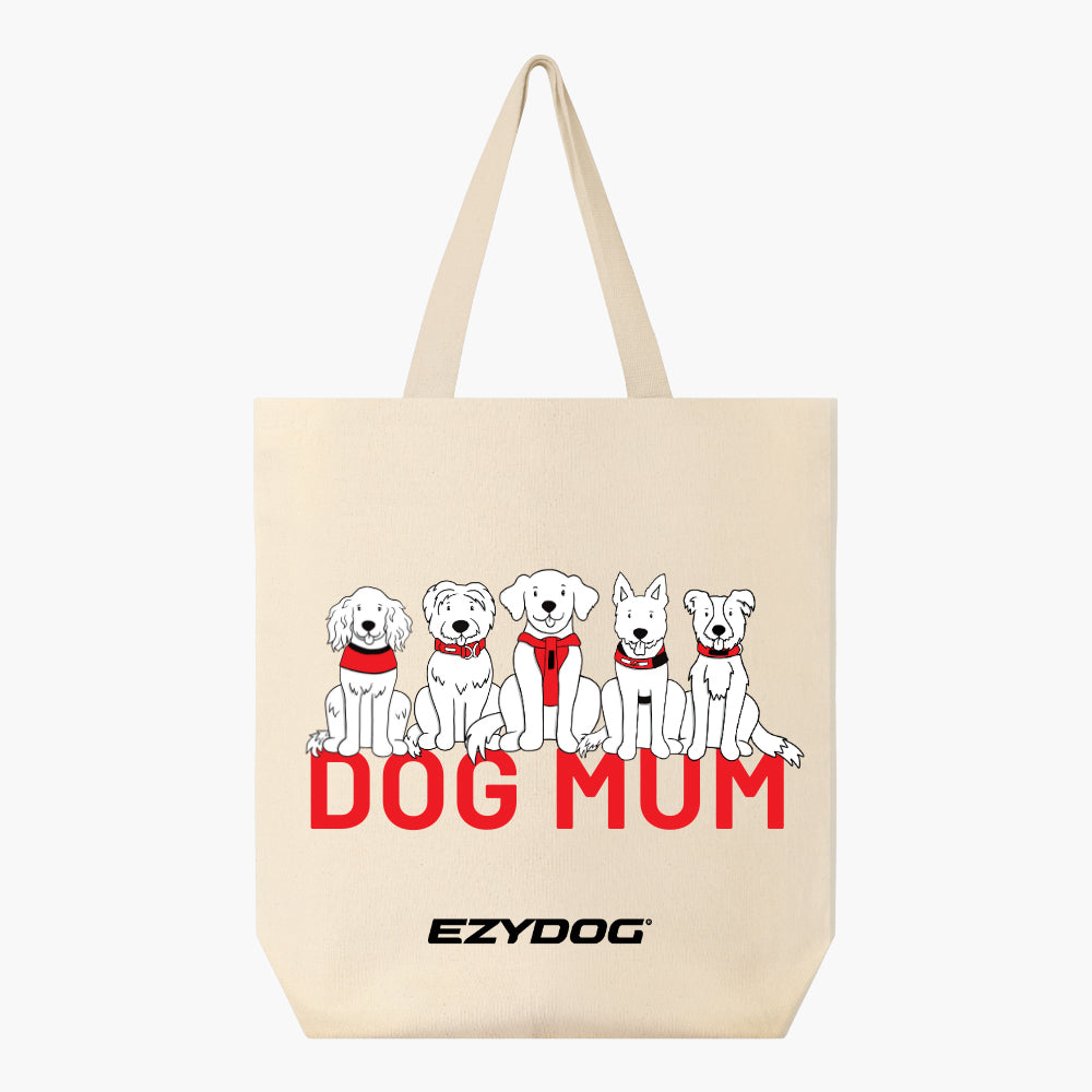 Beige tote bag with 'DOG MUM' text and EzyDog logo on a white background