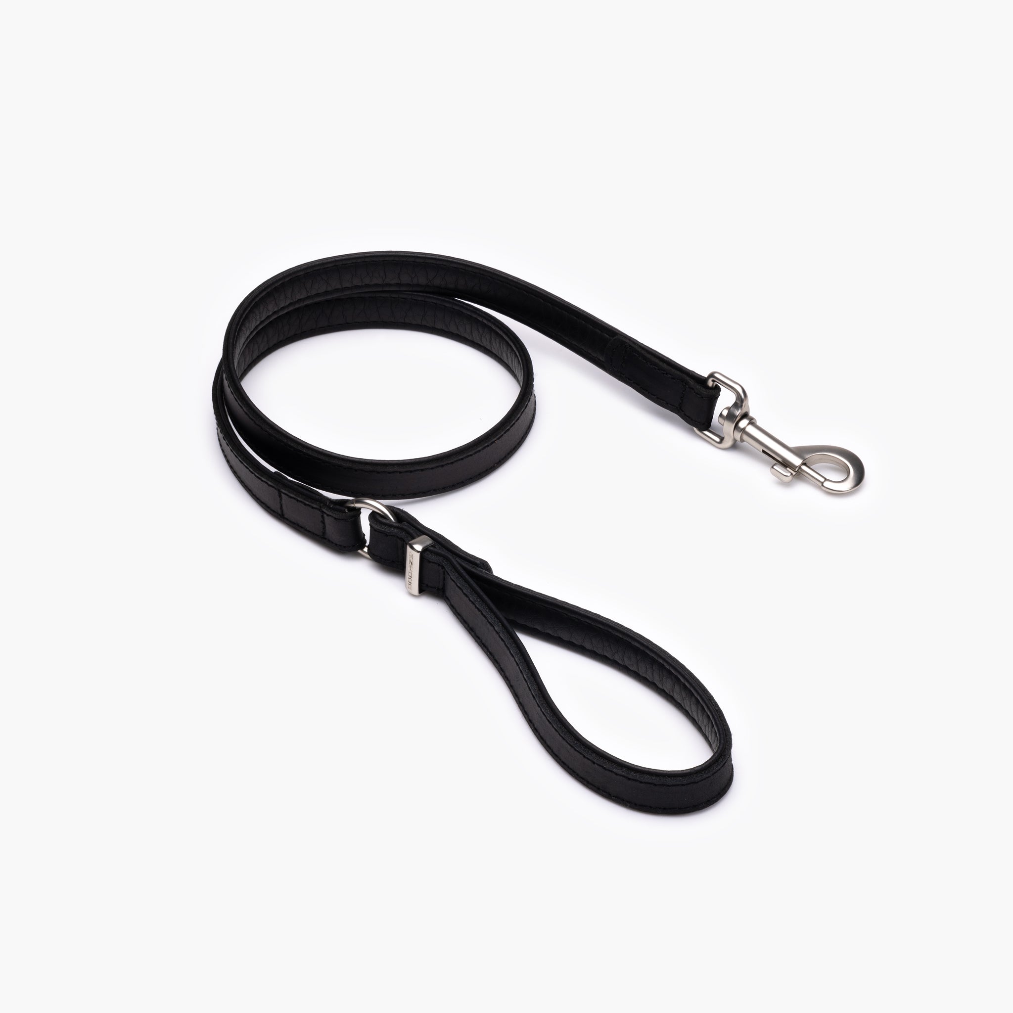 A black full-grain leather dog leash with brushed metal hardware, including a clasp and a handle.