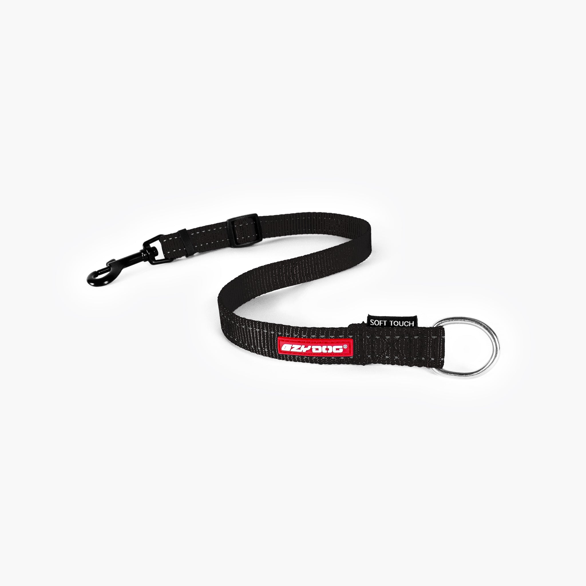 A black soft-touch dog leash extension with ezydog logo and a metal keyring.