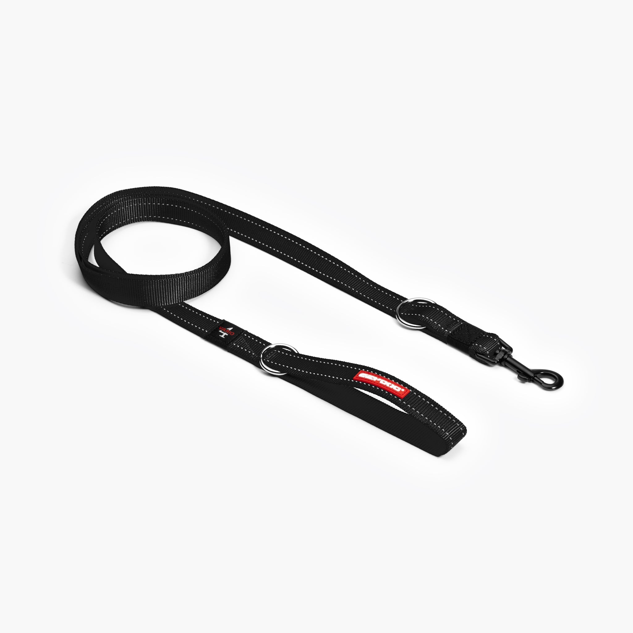 A black multi-function dog leash with adjustable lengths and various attachment points, designed for versatility and convenience in dog walking.