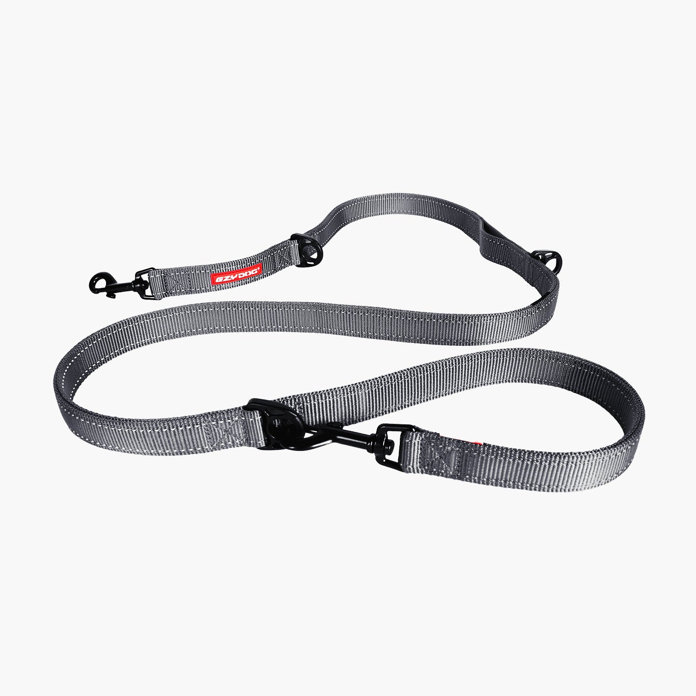 Grey dog leash with black clips on a white background