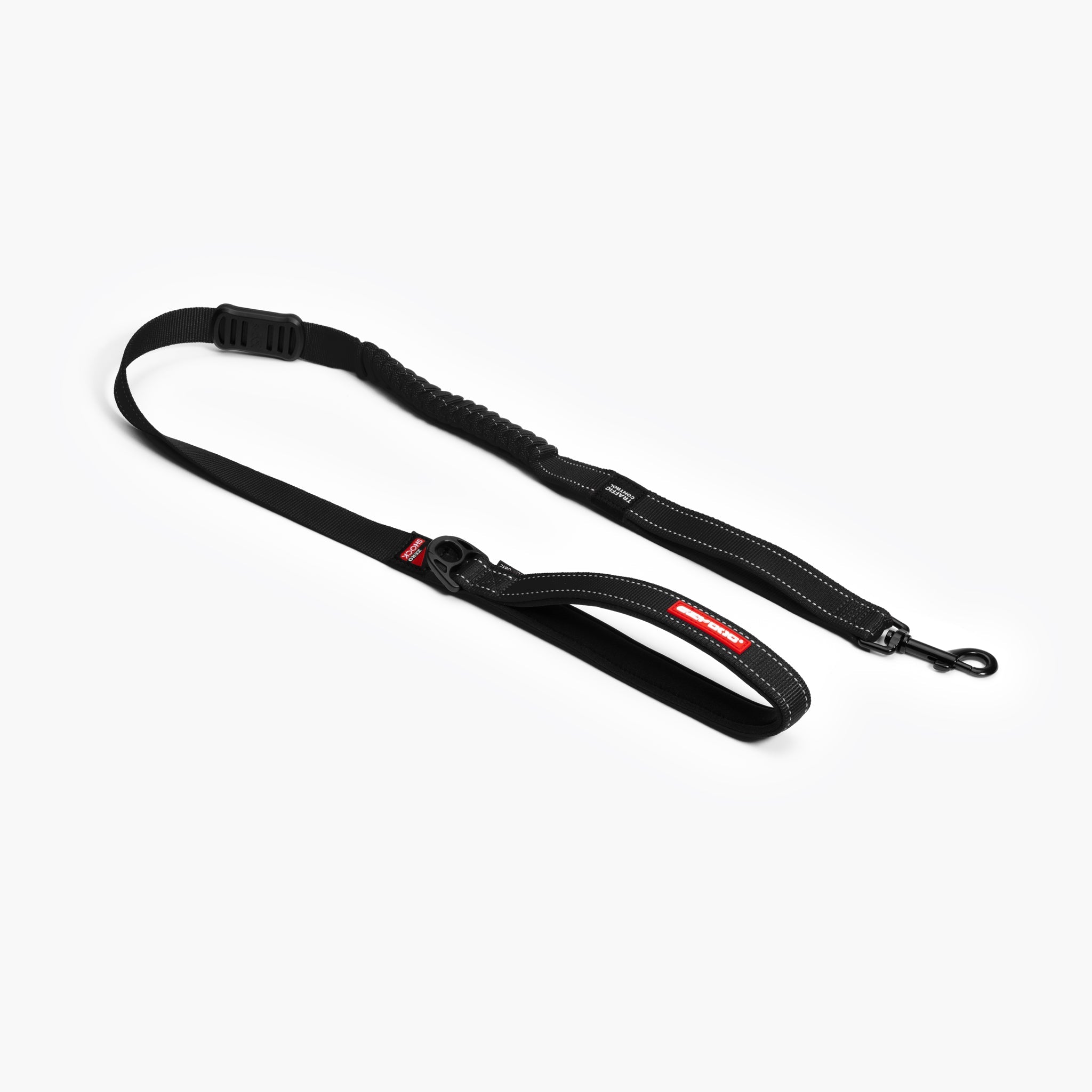 A black dog leash with rezydog logo, featuring a shock-absorbing section in the middle, reflective trim, and a neoprene handle.