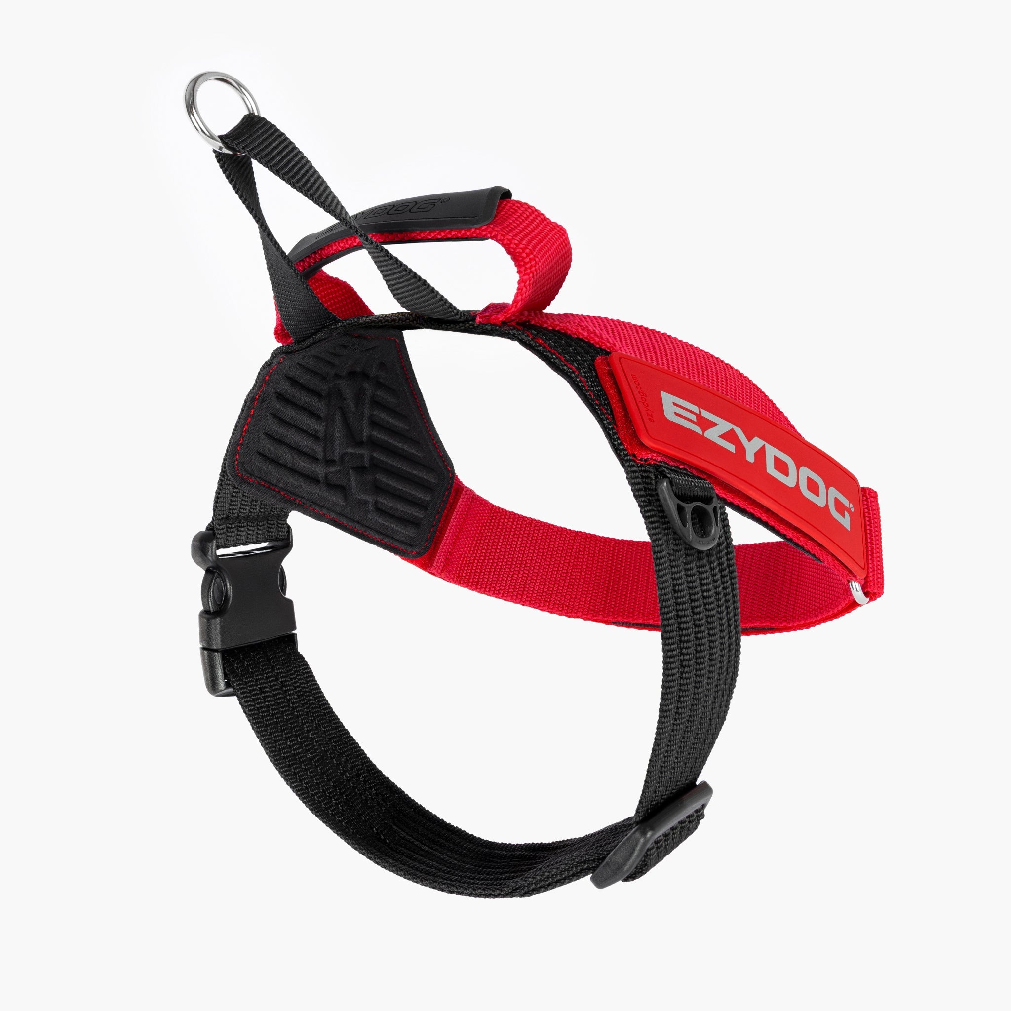 Red and black dog harness with EzyDog branding on a white background