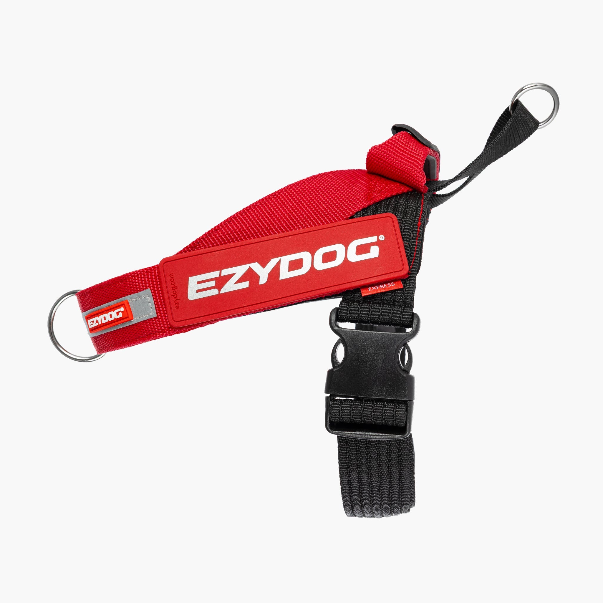 Red EzyDog dog leash with black strap on a white background