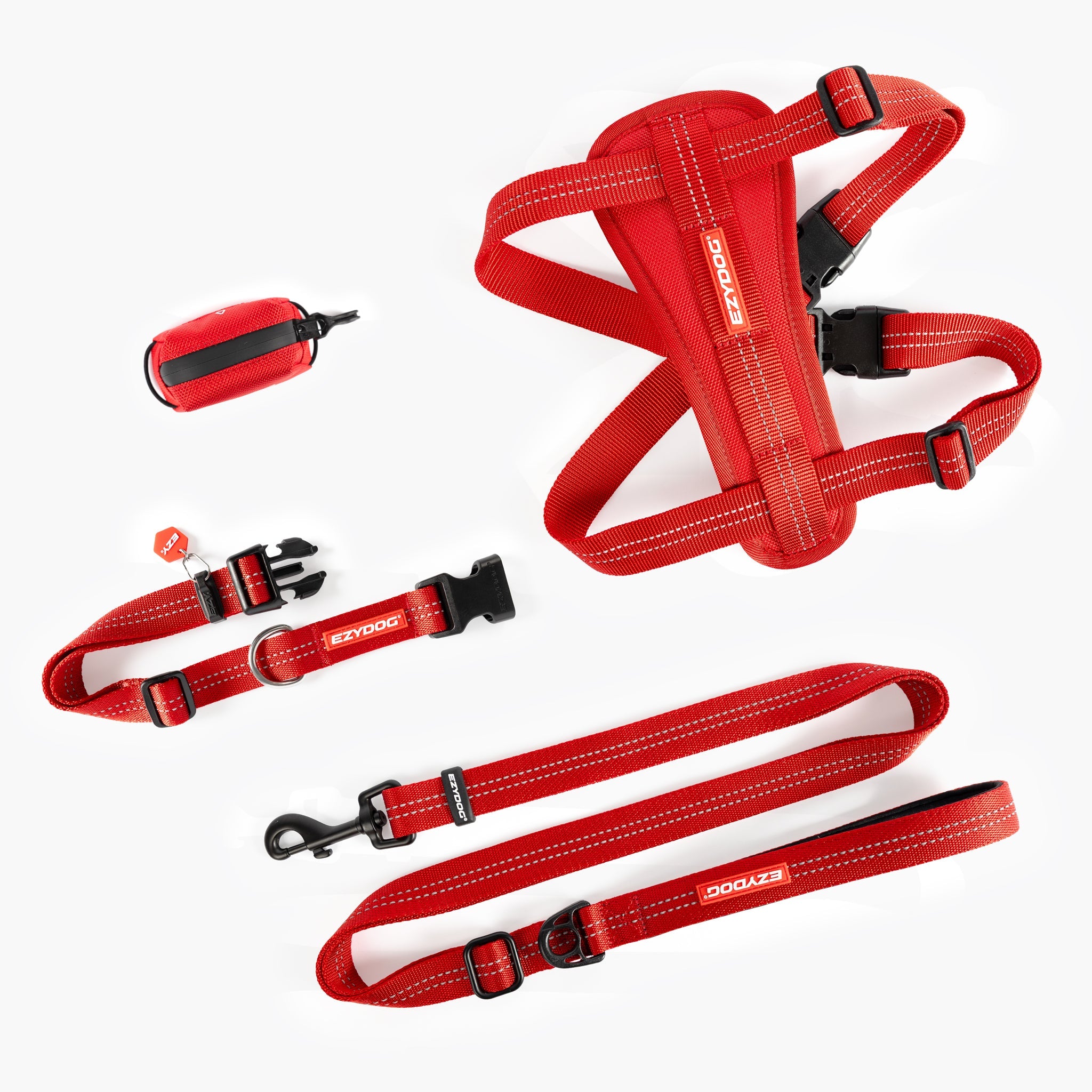 Essential Collar Bundle: Red dog harness and lead set with visible brand name on a white background