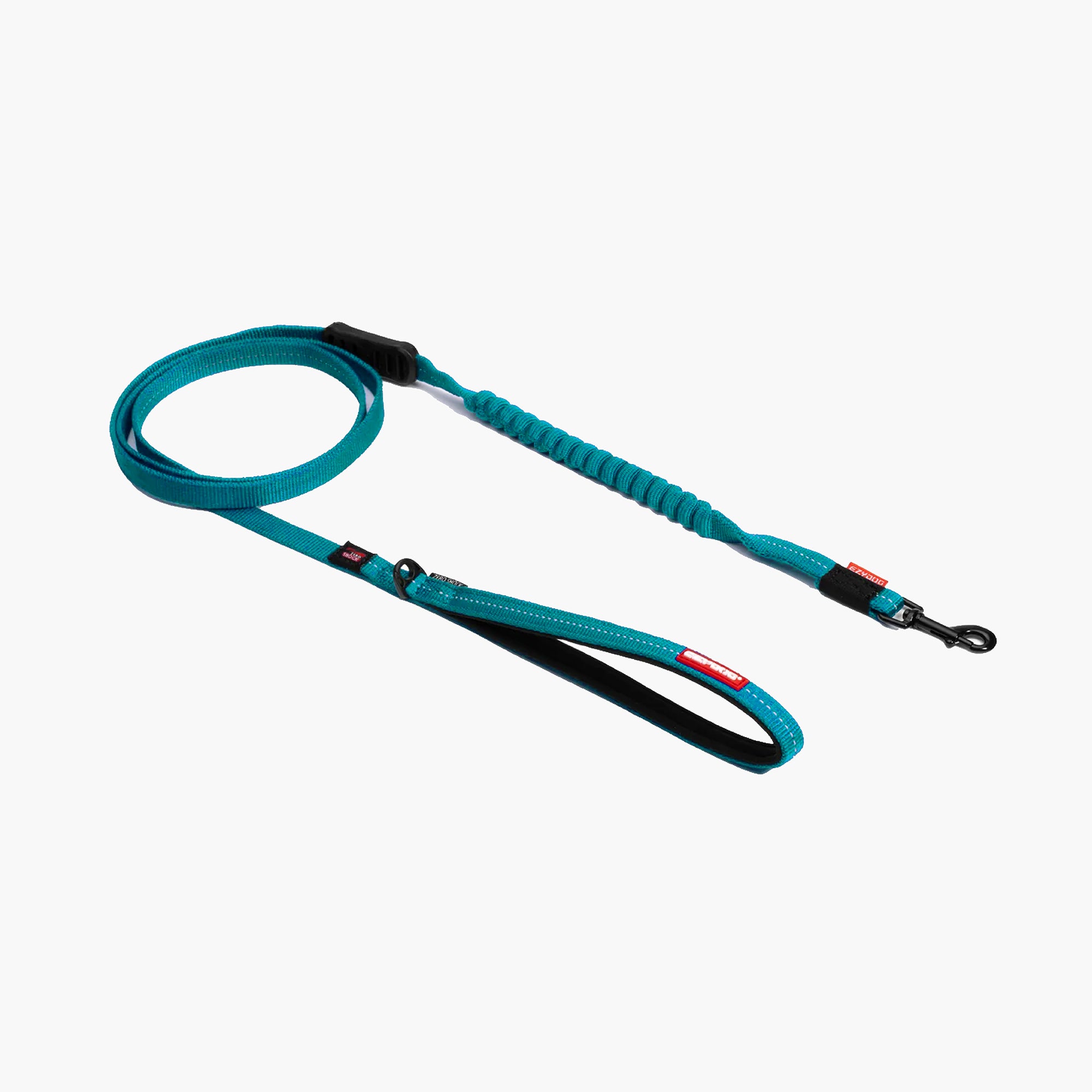 Teal dog leash with black and red accents on a white background