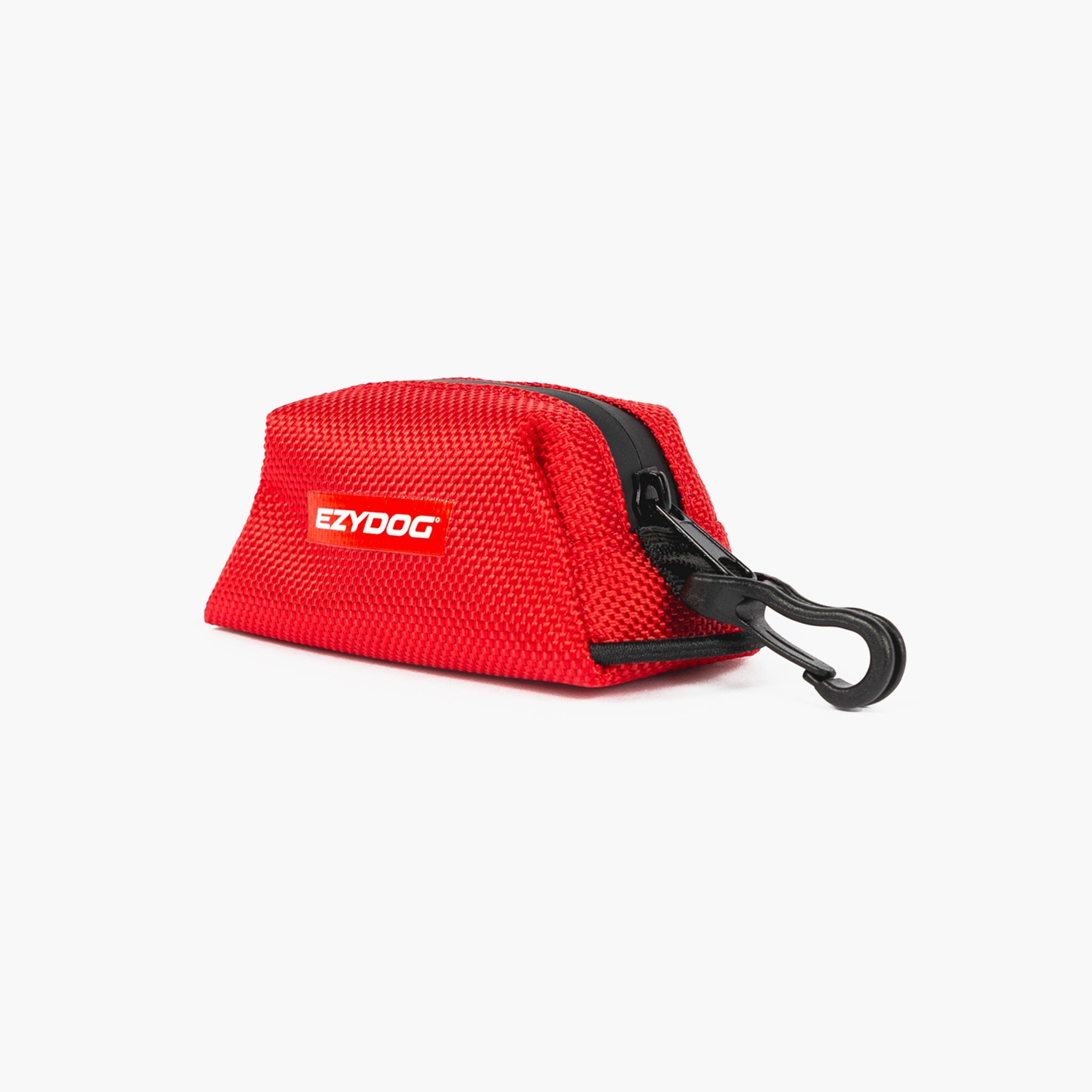 Red Essential Poop Bag Holder with a black clip and 'EzyDog' branding on a white background