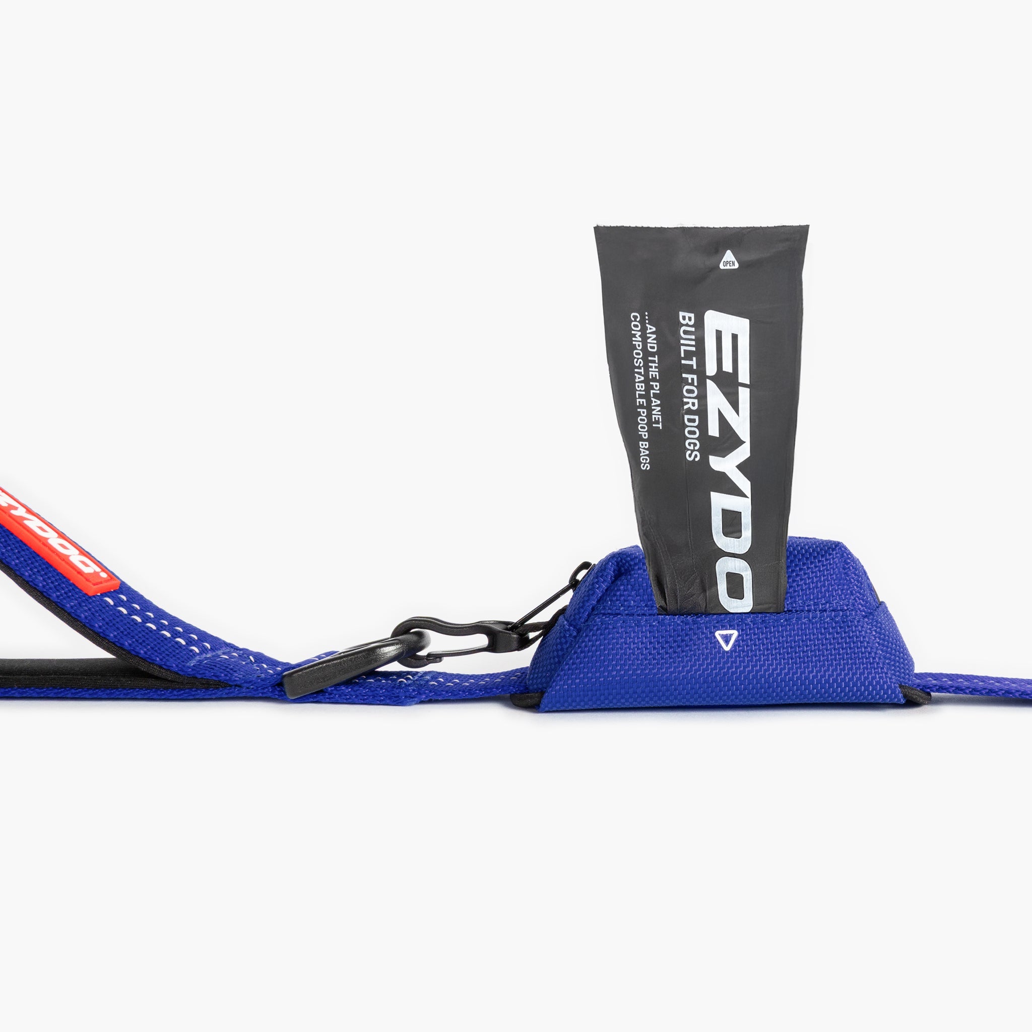 Blue Essential Dog Poop Bag Holder with a black pouch labeled 'EZYDOG'