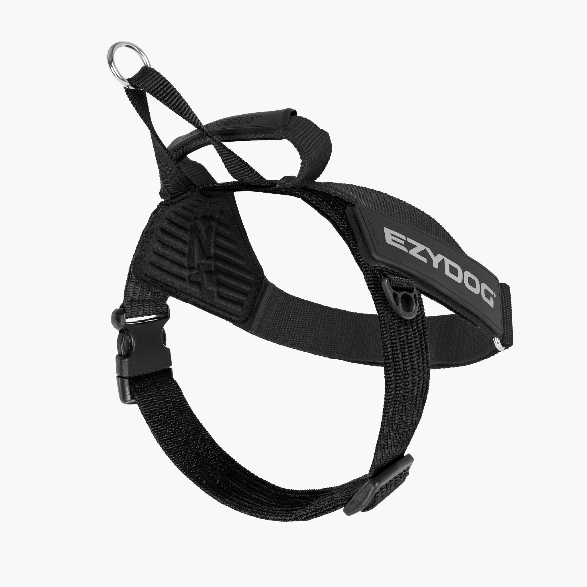 Black dog harness with EzyDog branding on a white background