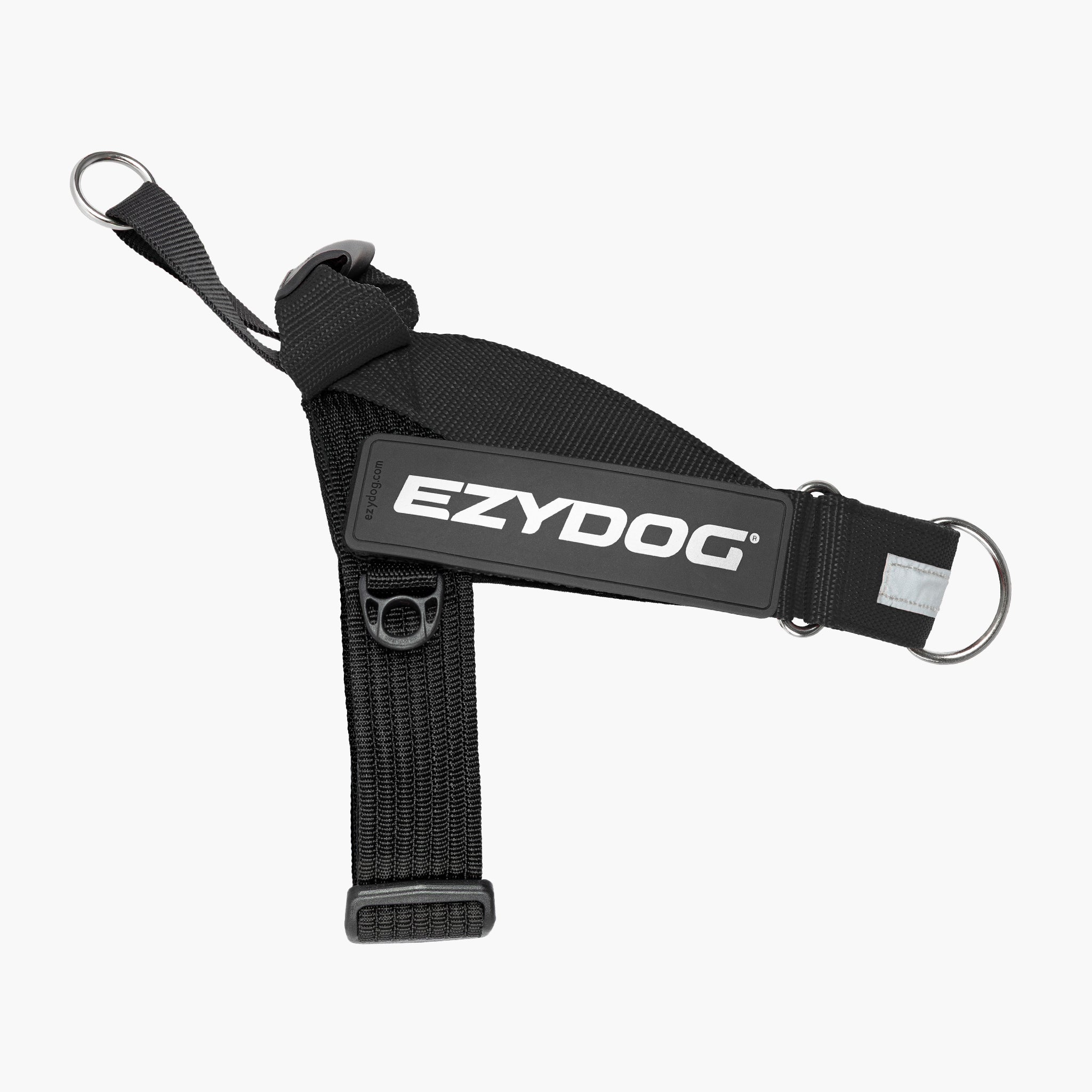 Black dog harness with EzyDog branding on a white background