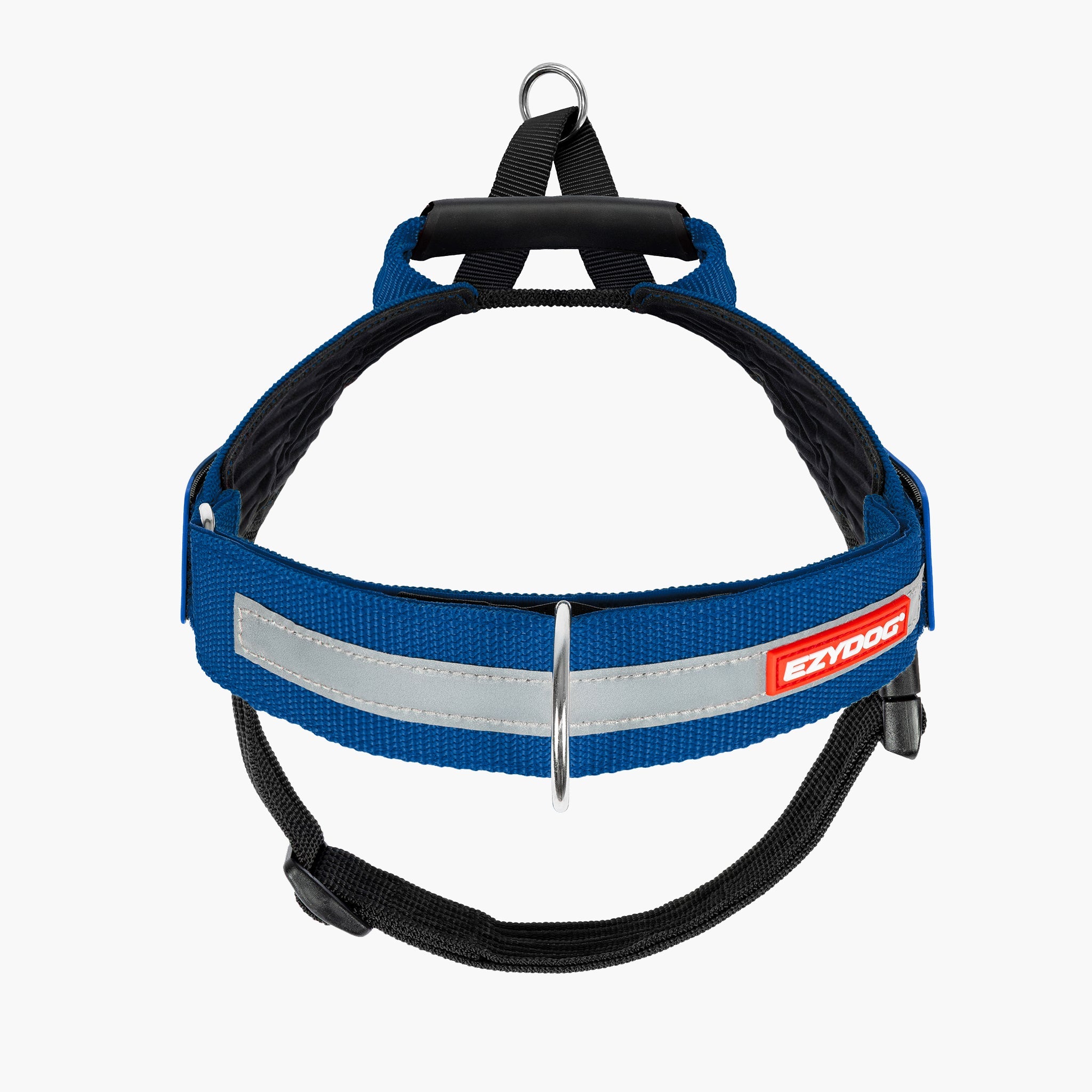 Blue dog harness with reflective strip and EzyDog logo on a white background