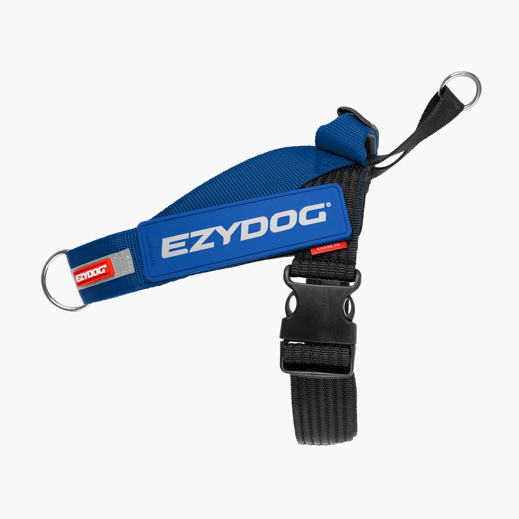 Blue EzyDog dog leash with black strap on a white background