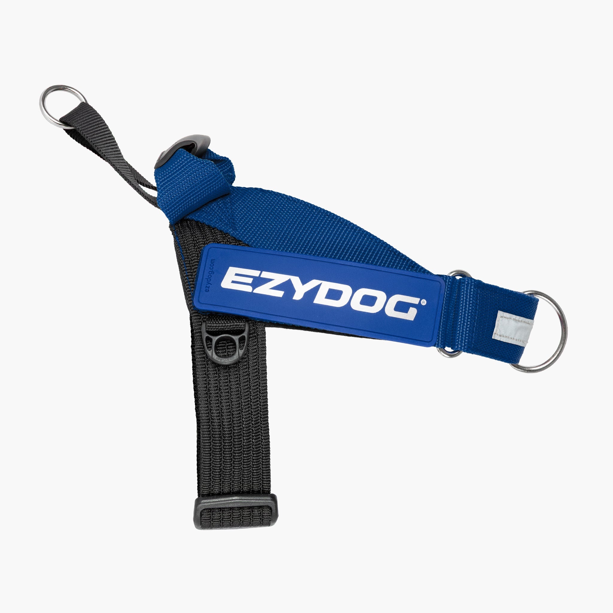 Blue and black dog harness with EzyDog branding on a white background