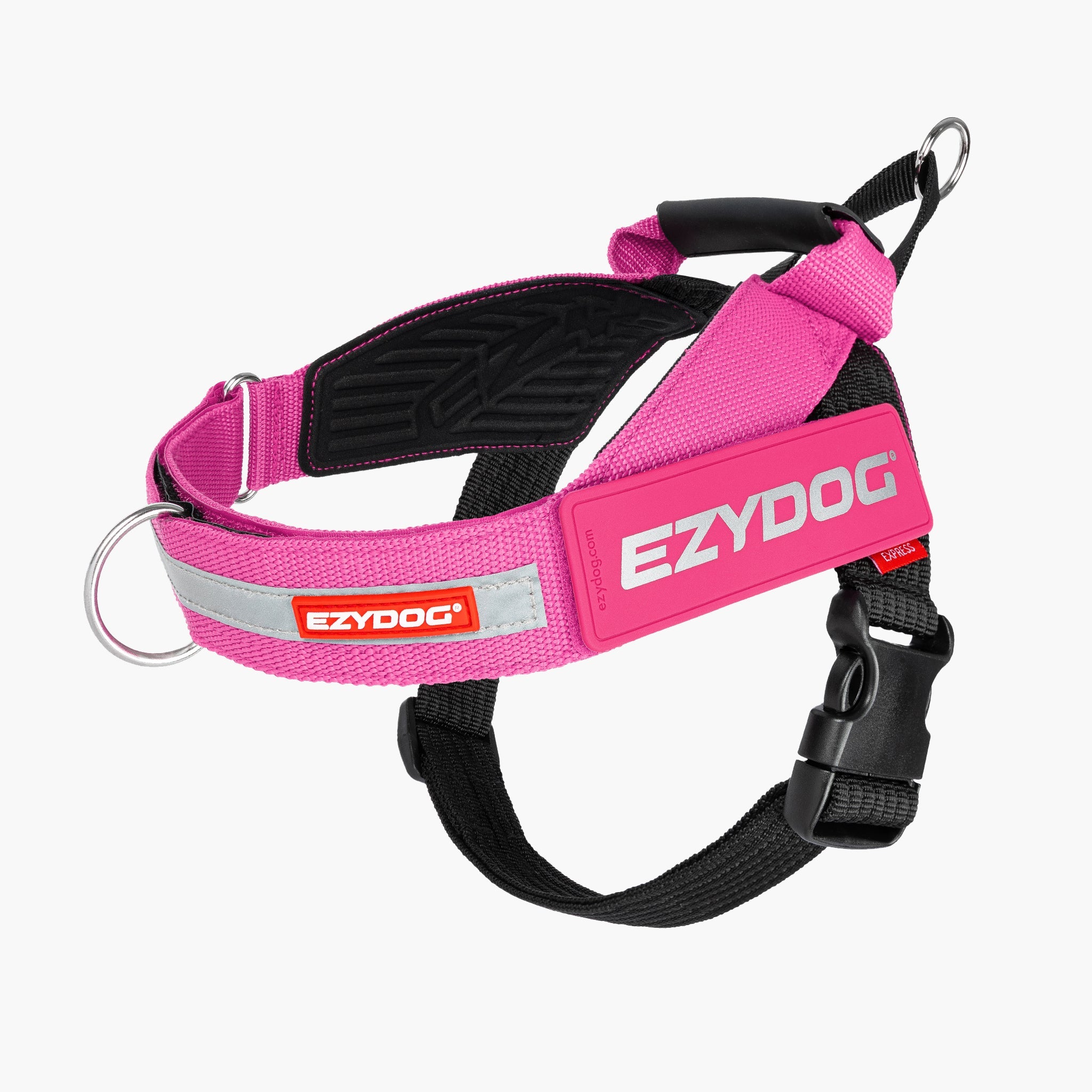 Pink dog harness with EzyDog branding on a white background