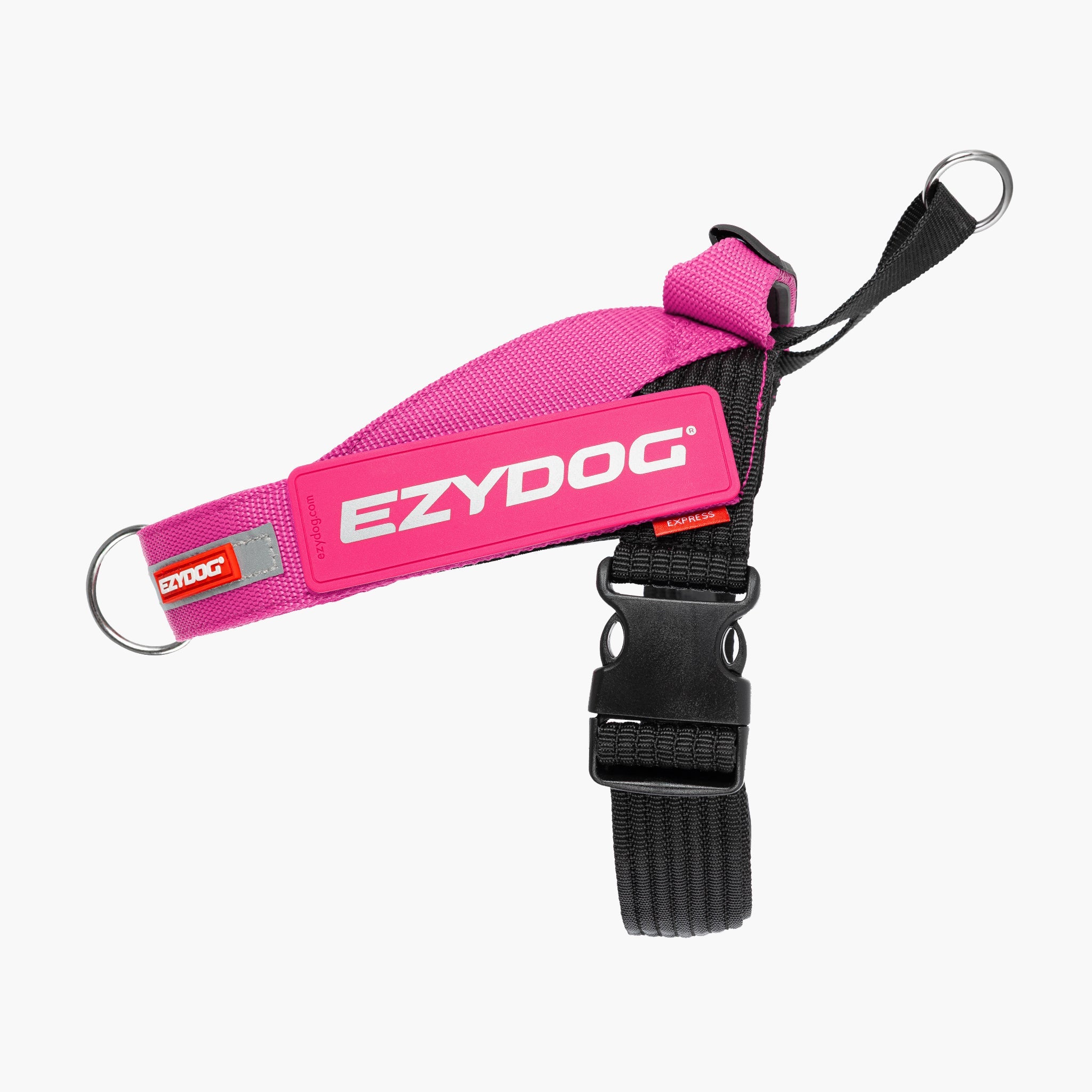 Pink dog leash with black strap and EzyDog branding on a white background