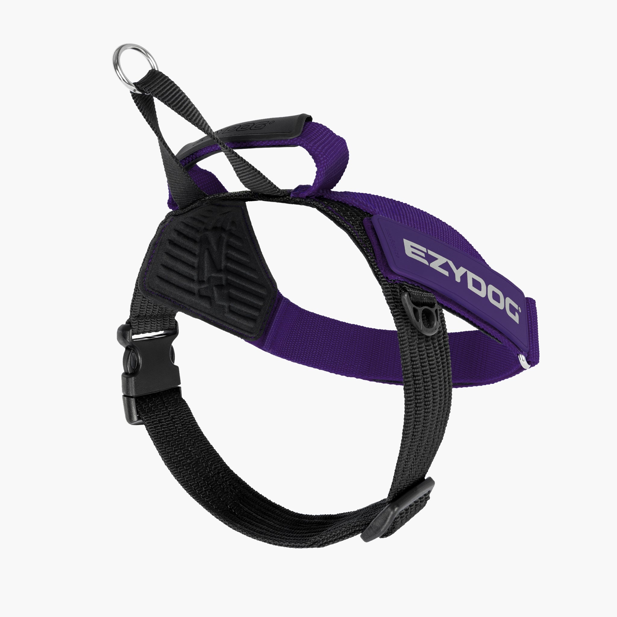 Purple and black dog harness with EzyDog branding on a white background