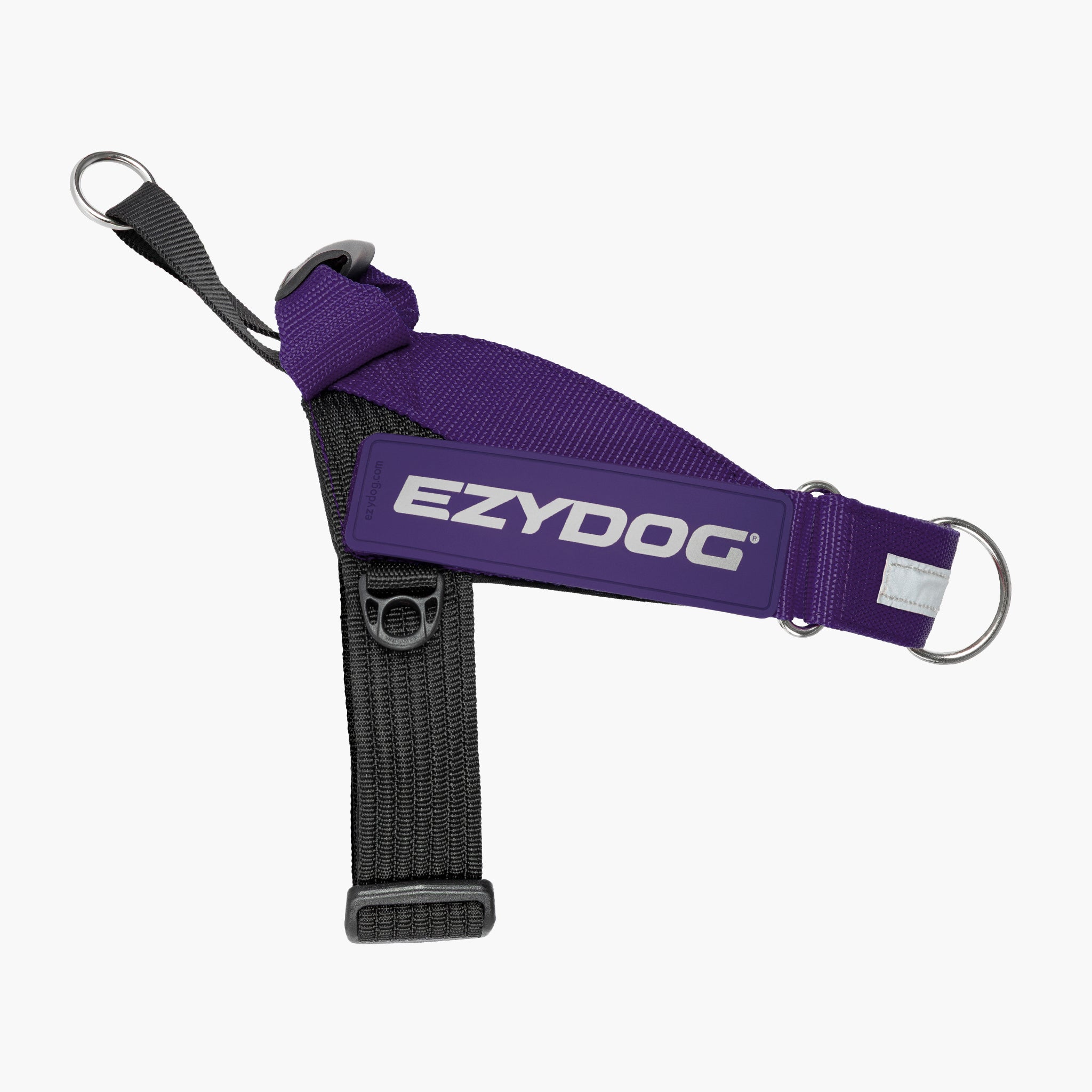 Purple and black dog harness with EzyDog branding on a white background