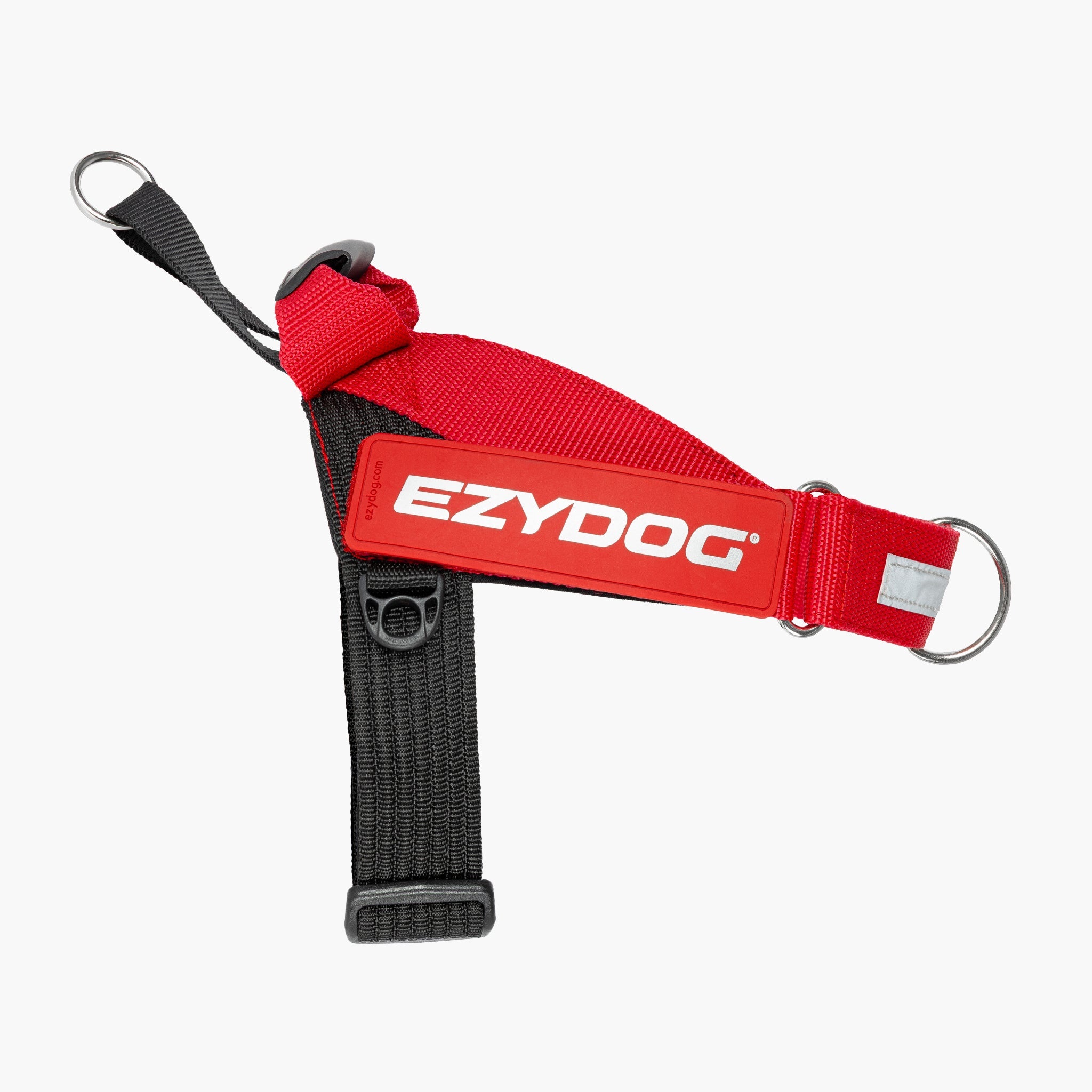 Red and black EzyDog dog harness on a white background