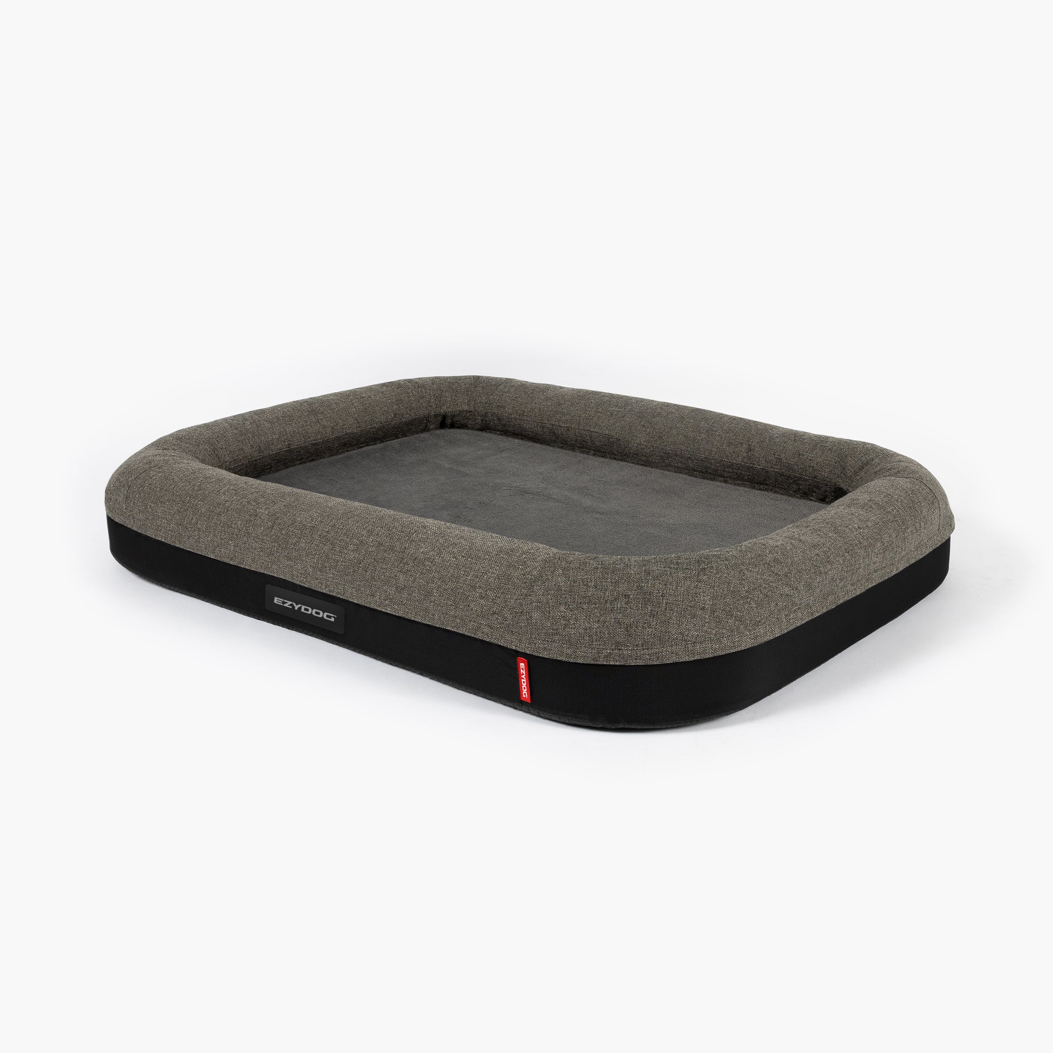 charcole pet bed with black trim on a white background