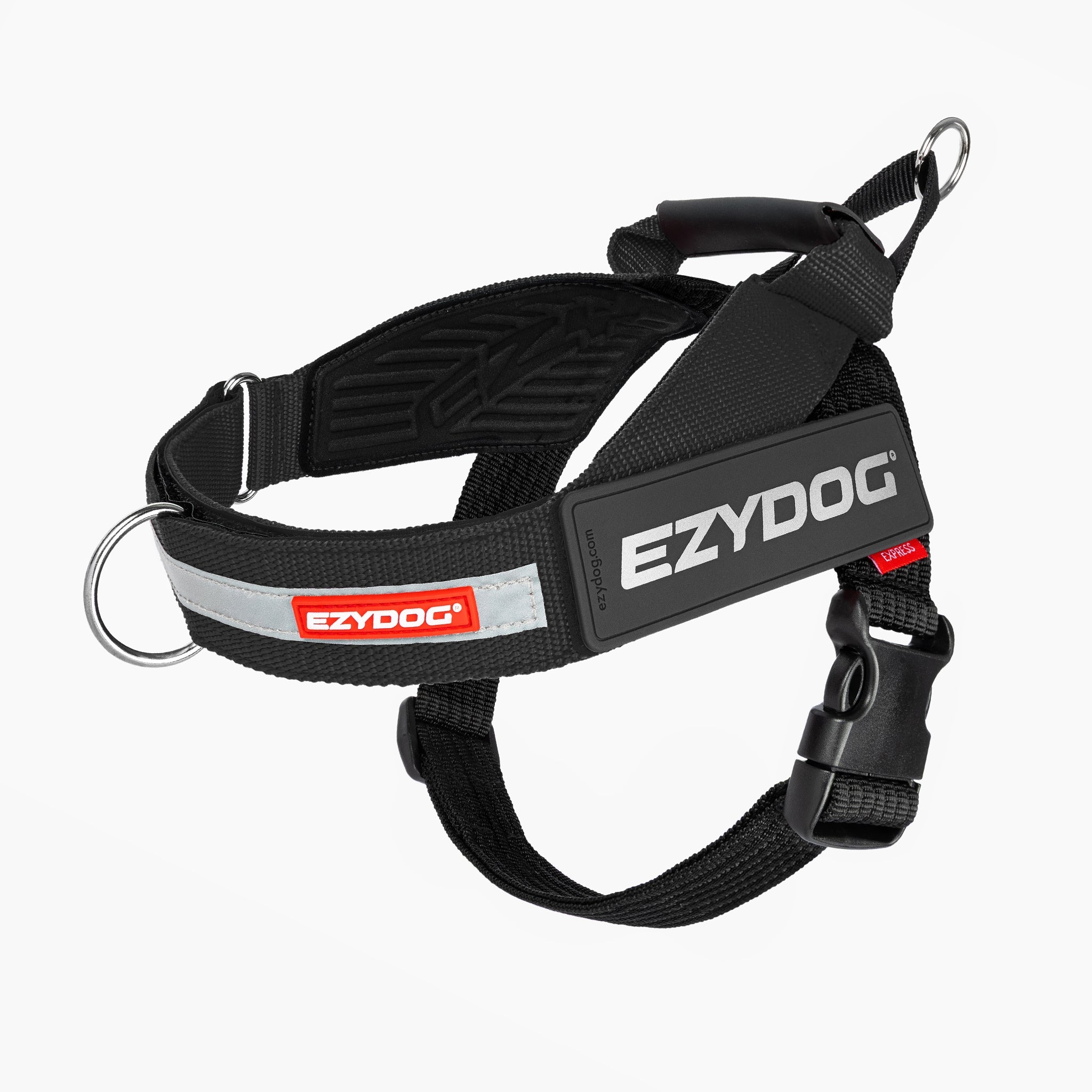 Black dog harness with EzyDog branding on a white background